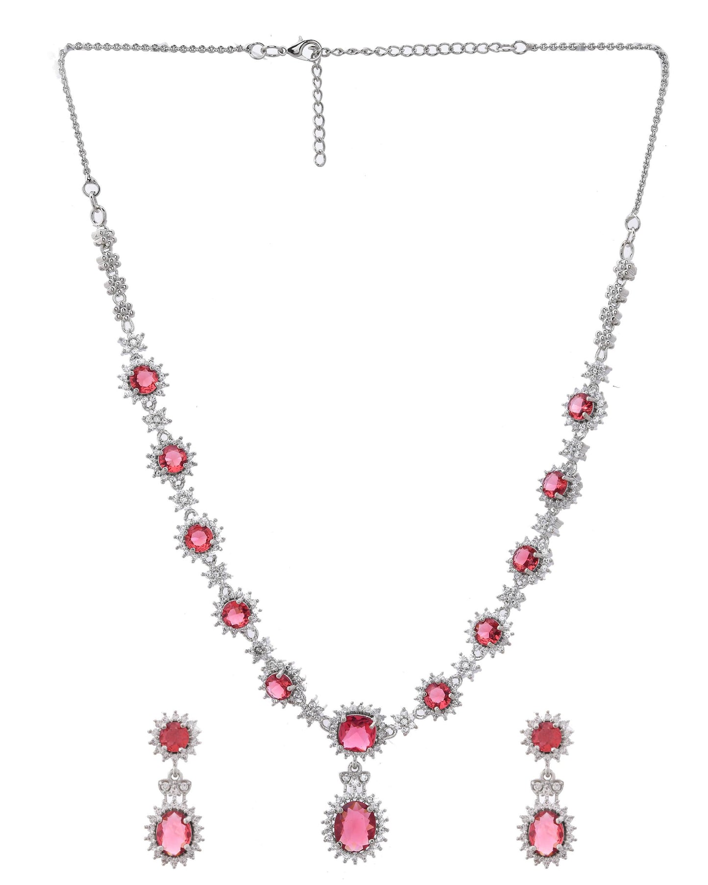 VOJ Silver Plated Red Ad Stone Studded Designer Jewellery Set - Distacart