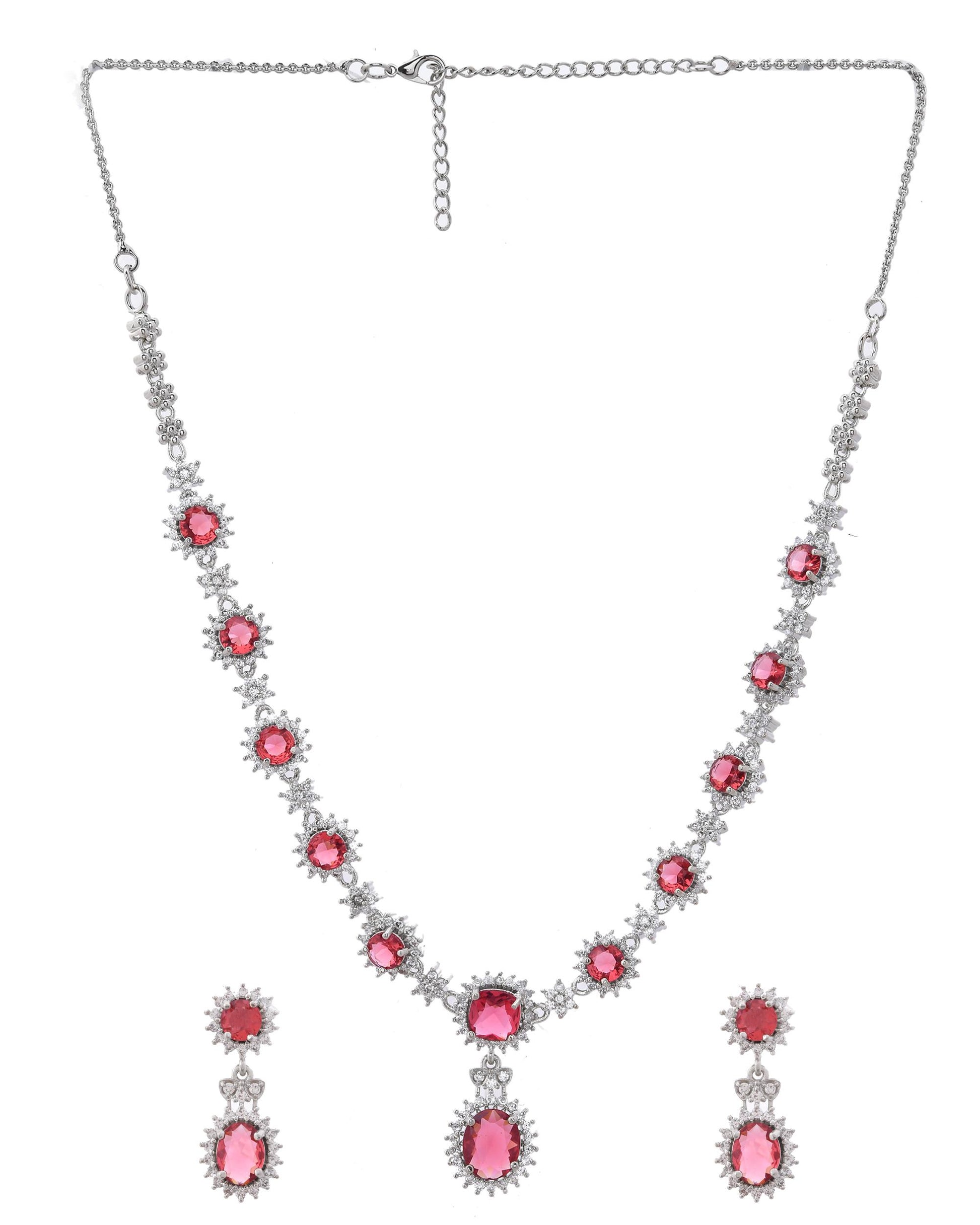 VOJ Silver Plated Red Ad Stone Studded Designer Jewellery Set - Distacart