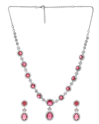 VOJ Silver Plated Red Ad Stone Studded Designer Jewellery Set - Distacart