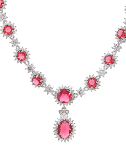 VOJ Silver Plated Red Ad Stone Studded Designer Jewellery Set - Distacart