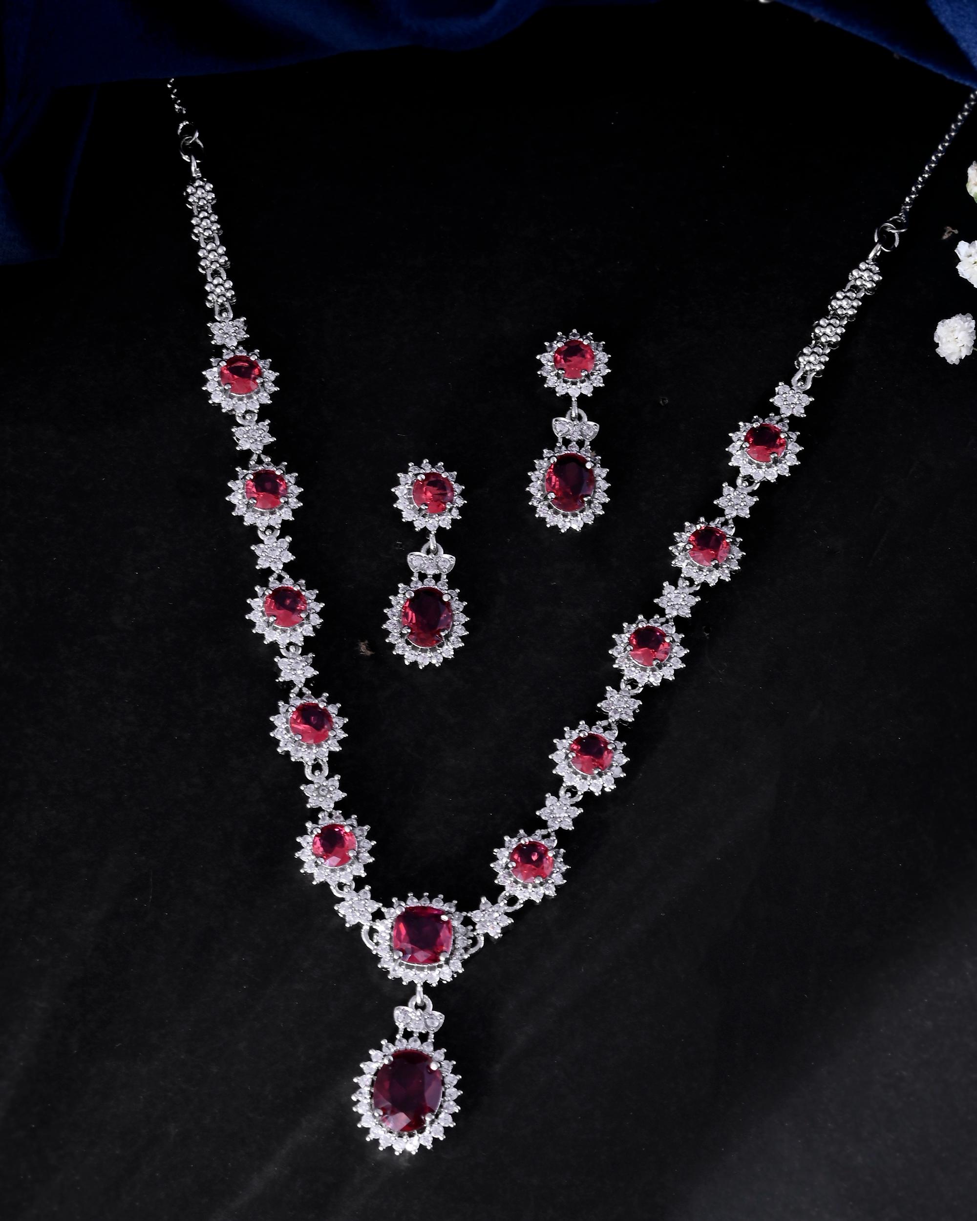 VOJ Silver Plated Red Ad Stone Studded Designer Jewellery Set - Distacart