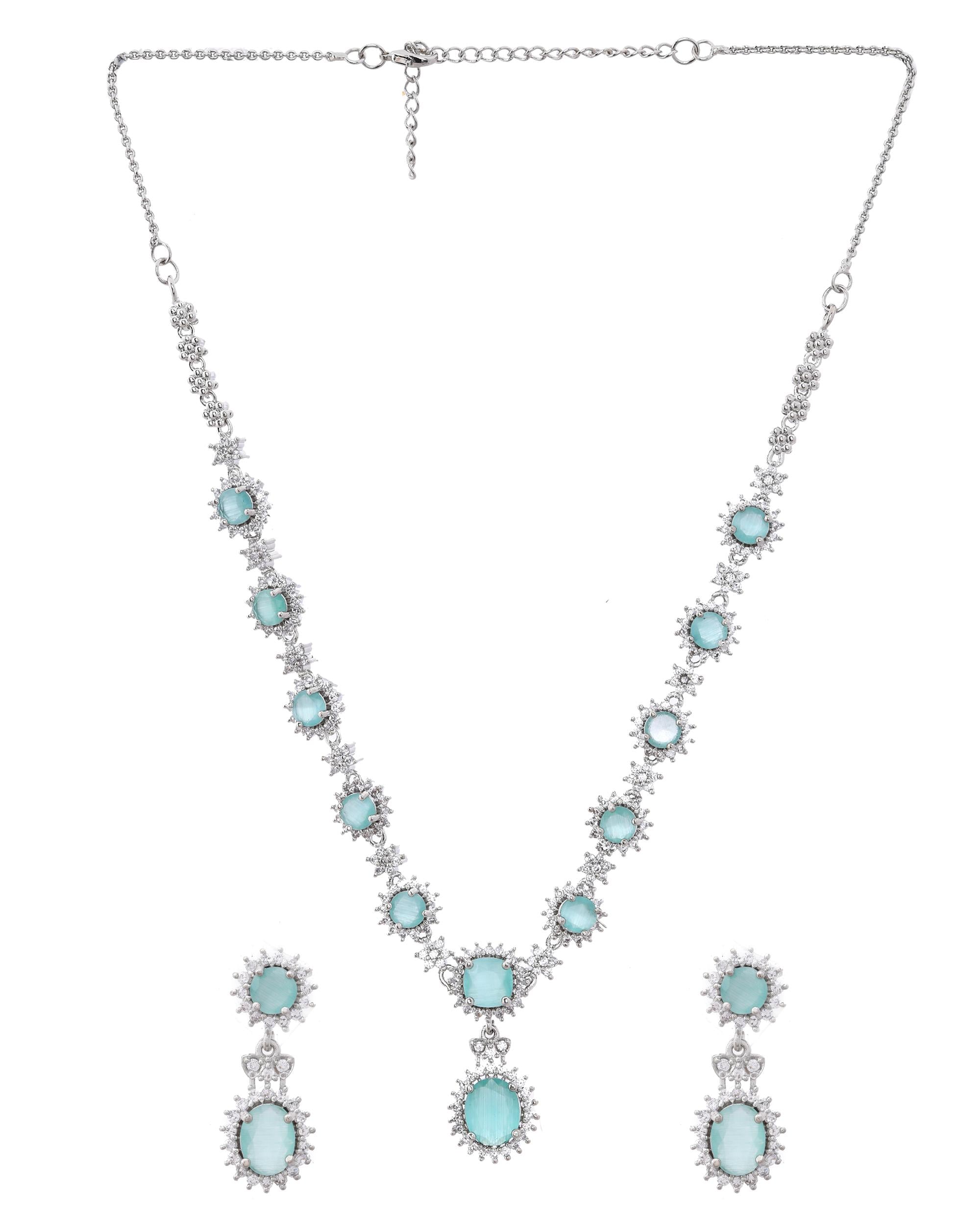 VOJ Silver Plated Sea Green Ad Studded Designer Jewellery Set - Distacart