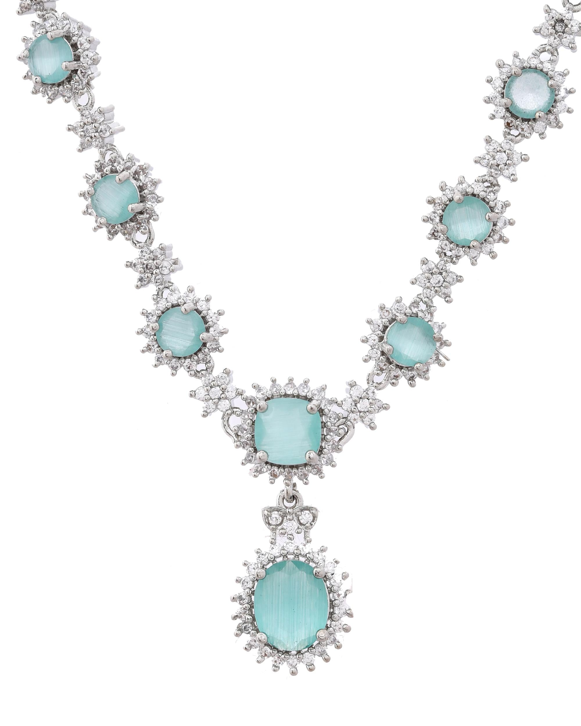 VOJ Silver Plated Sea Green Ad Studded Designer Jewellery Set - Distacart