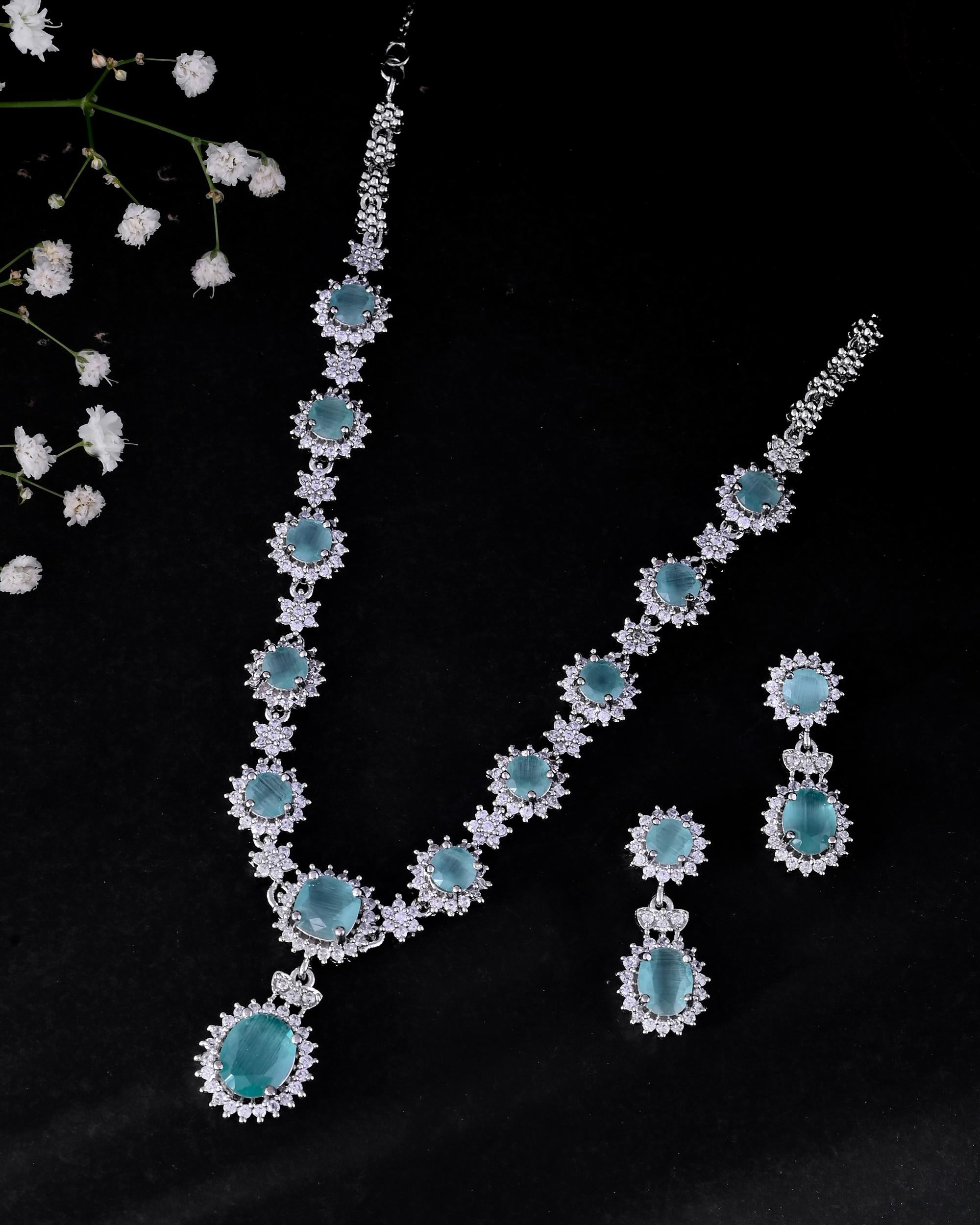 VOJ Silver Plated Sea Green Ad Studded Designer Jewellery Set - Distacart