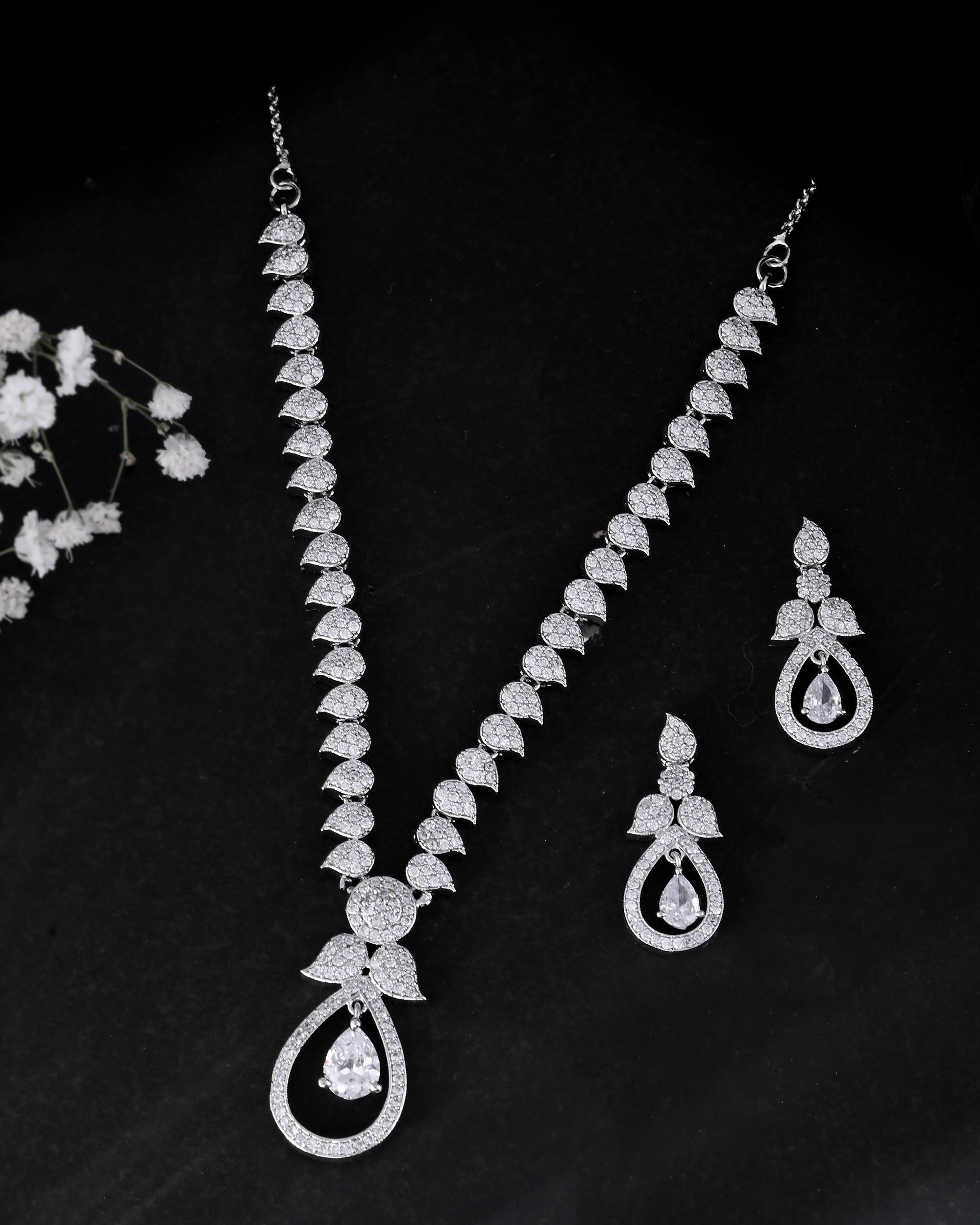 VOJ Silver Plated Ad Studded Designer Necklace With Earrings Set - Distacart