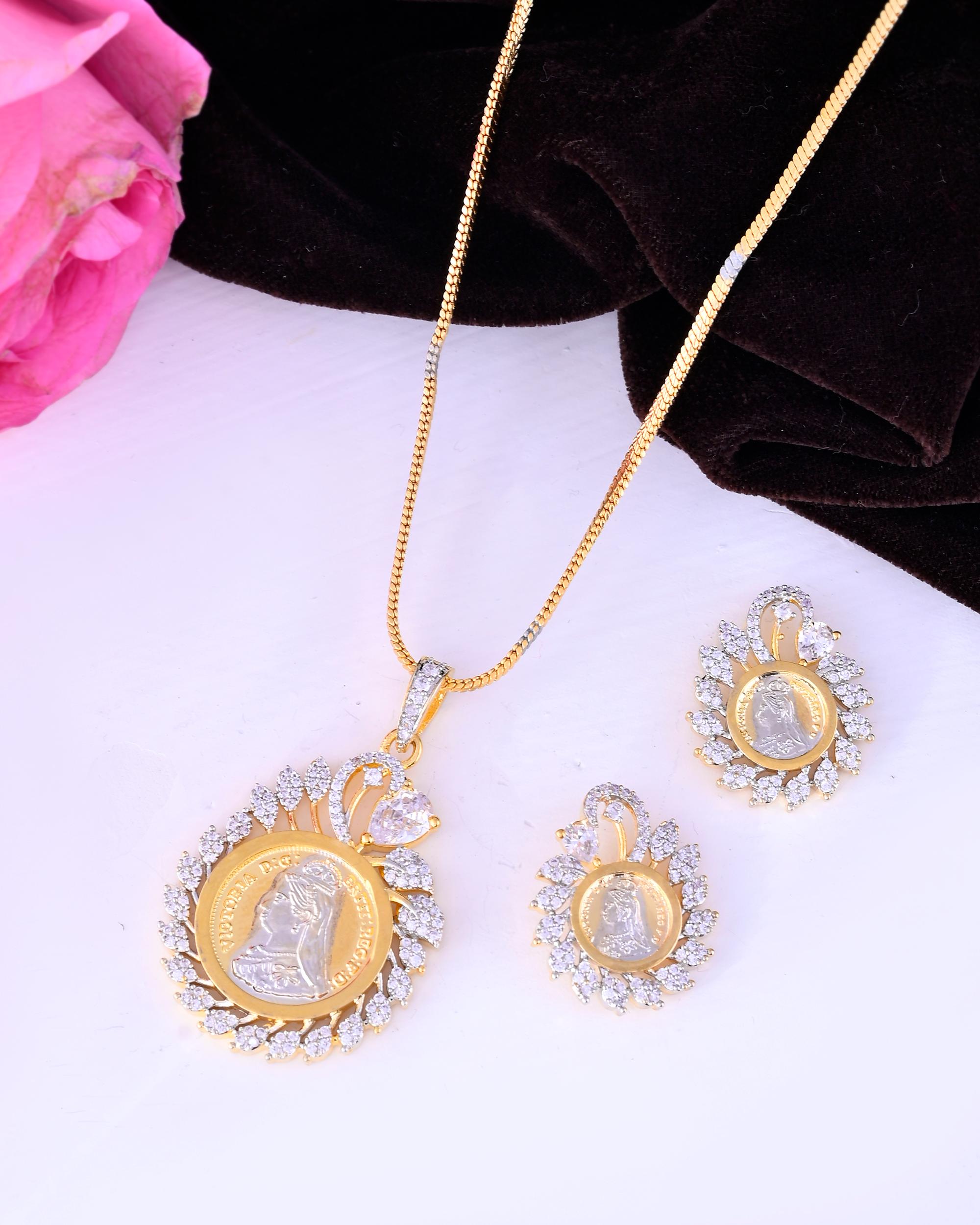 VOJ Dual Toned Ad-Studded Pendant With Chain And Earrings Set - Distacart