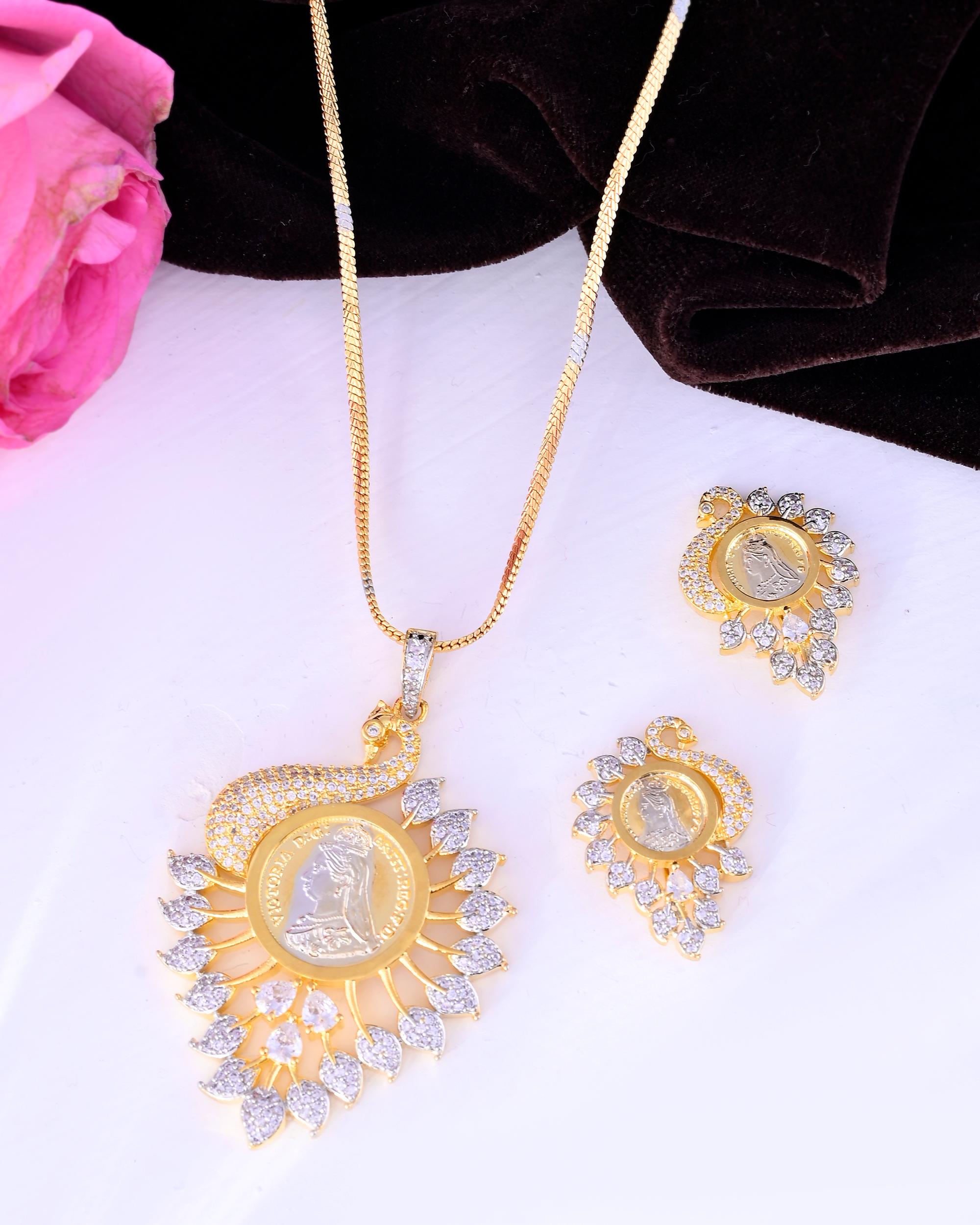 VOJ Dual Toned Ad-Studded Peacock Shaped Chain Set - Distacart