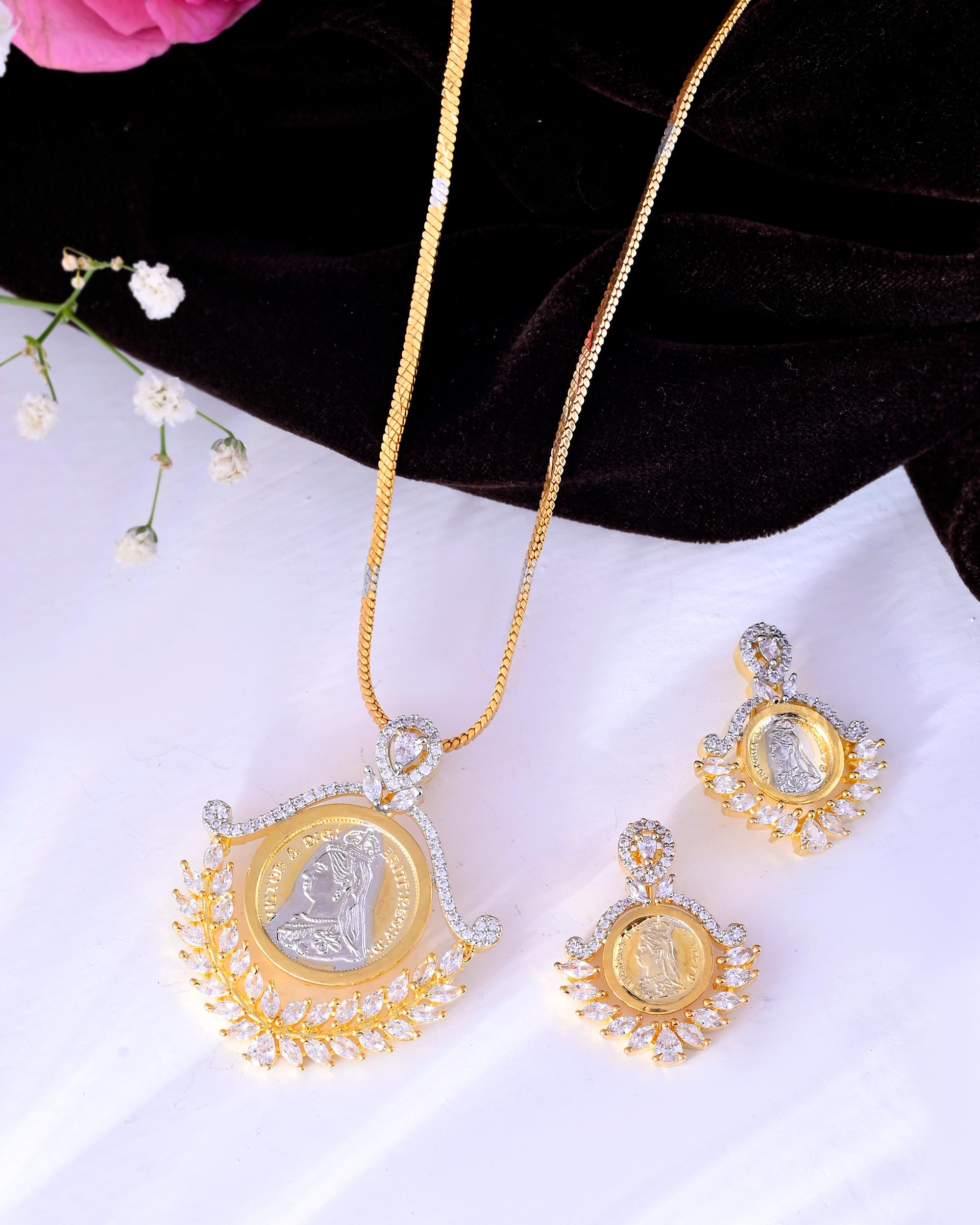 VOJ Dual Toned Ad-Studded Designer Pendant With Chain And Earrings Set - Distacart