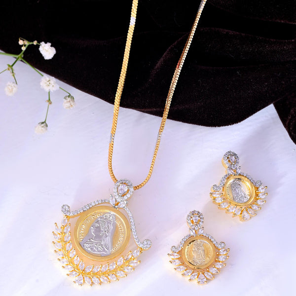 VOJ Dual Toned Ad-Studded Designer Pendant With Chain And Earrings Set - Distacart