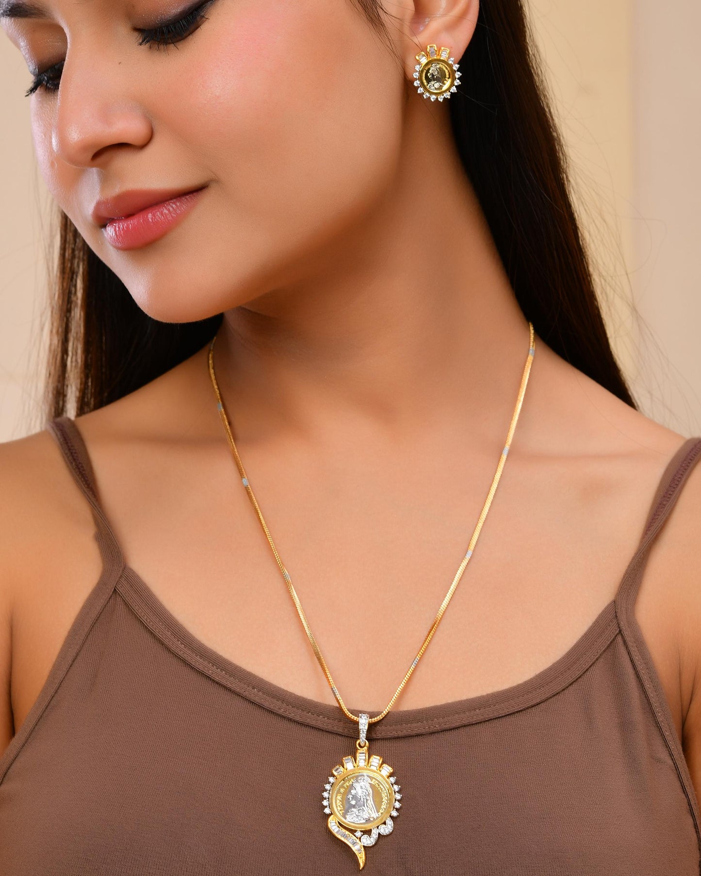 VOJ Dual Toned Ad-Studded Gold-Polished Coin Chain Set - Distacart