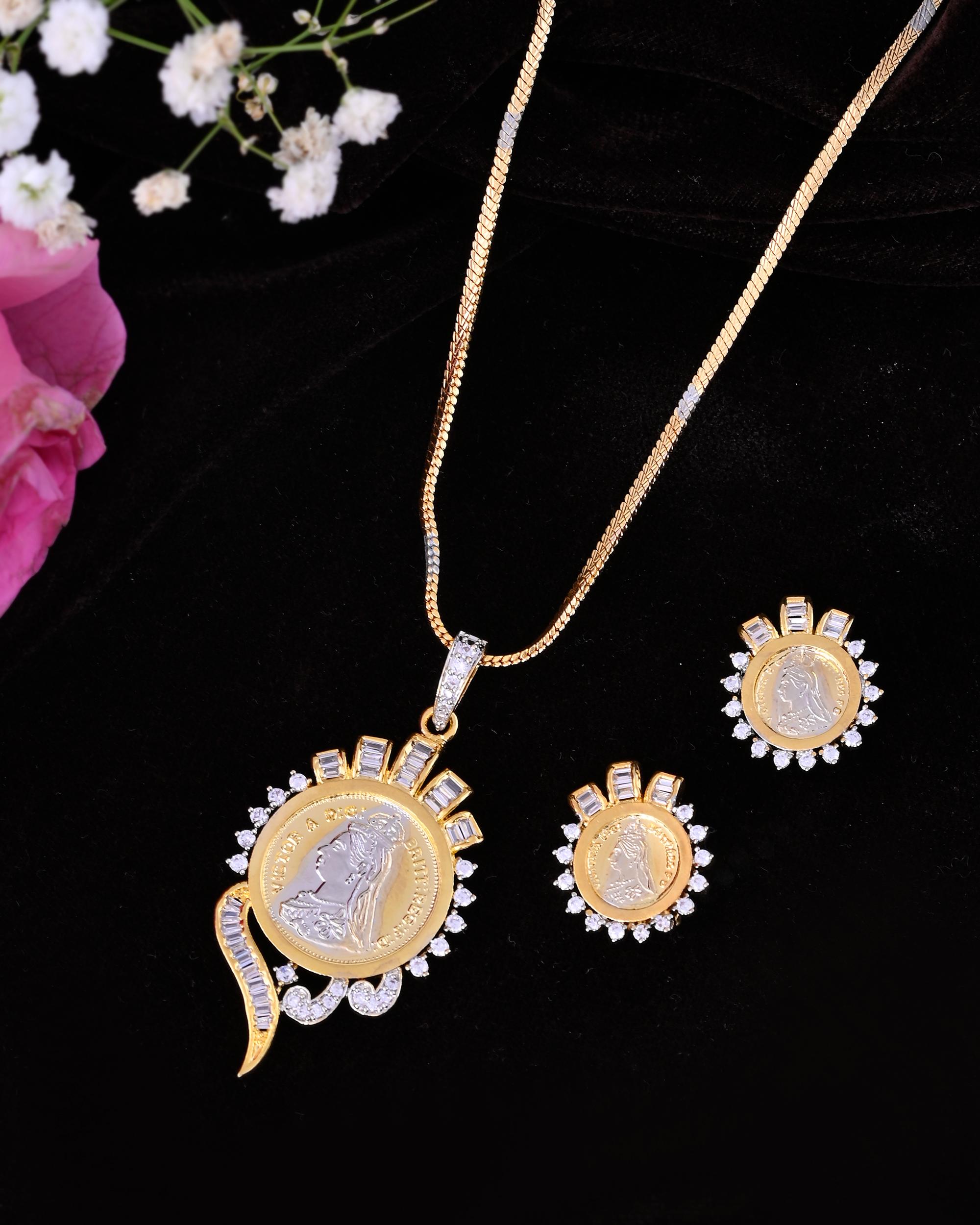 VOJ Dual Toned Ad-Studded Gold-Polished Coin Chain Set - Distacart