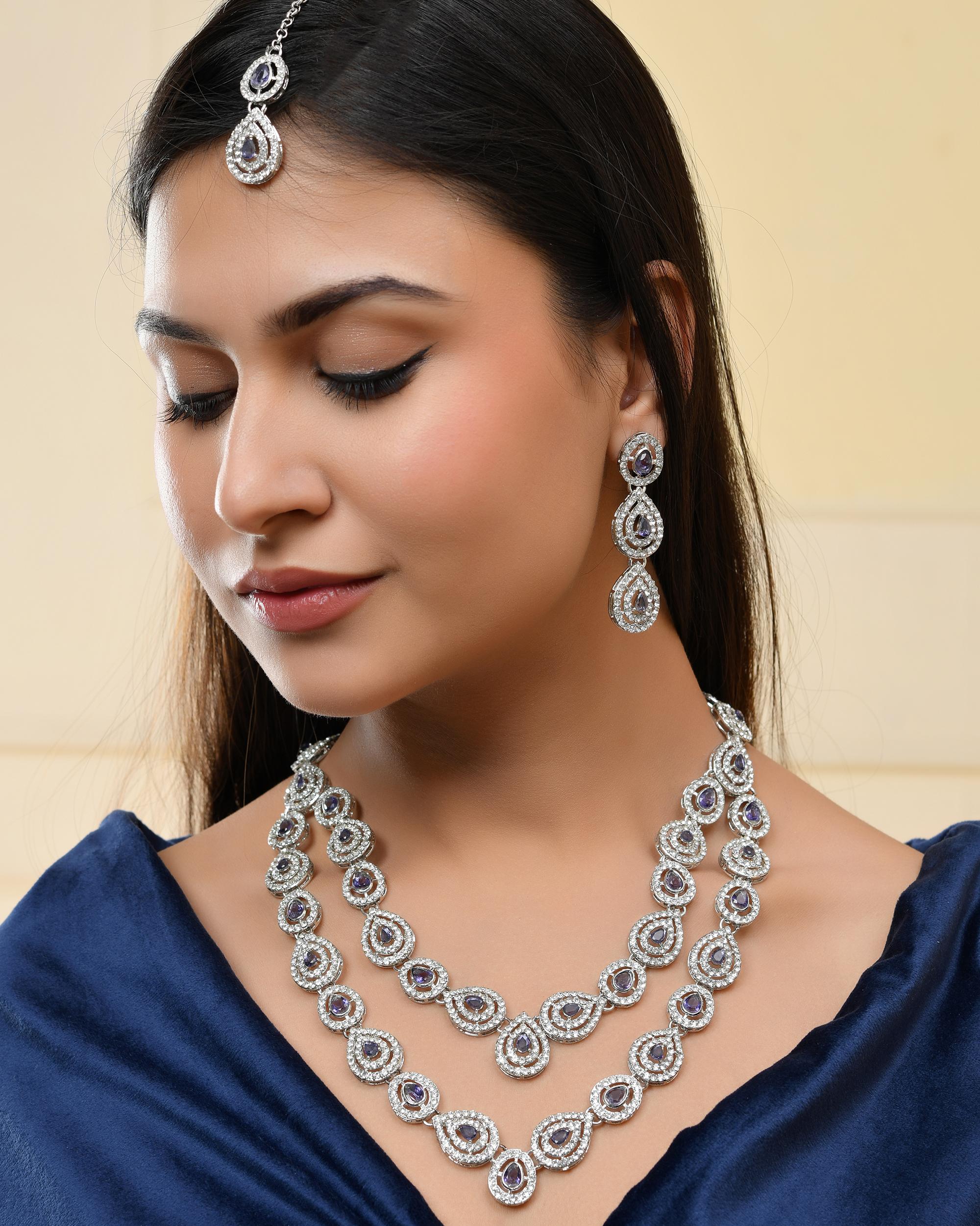 VOJ Silver Plated Stainless Steel American Diamond Studded Jewellery Set - Distacart