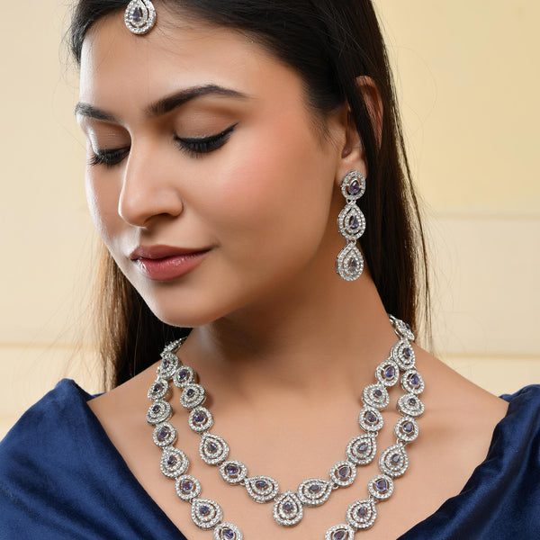 VOJ Silver Plated Stainless Steel American Diamond Studded Jewellery Set - Distacart