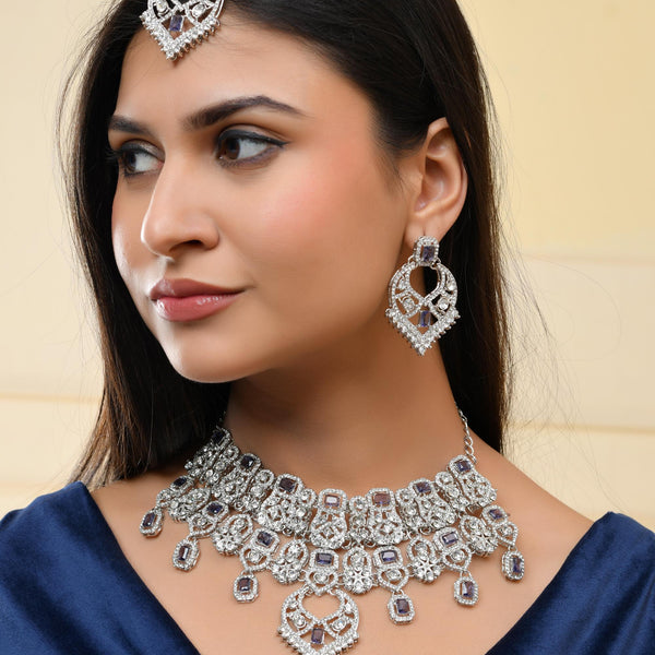 VOJ Silver-Plated American Diamond-Studded Jewellery Set - Distacart
