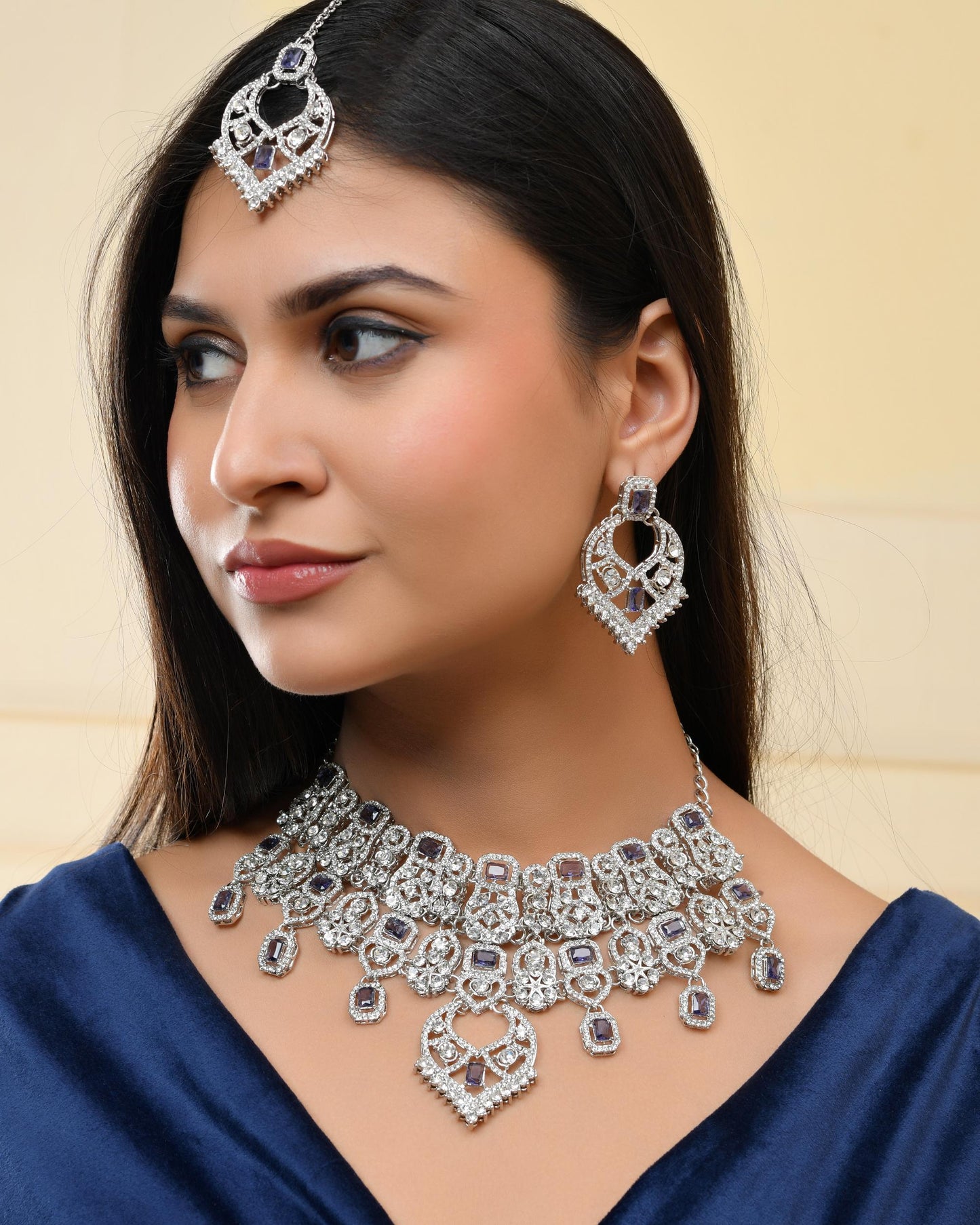 VOJ Silver-Plated American Diamond-Studded Jewellery Set - Distacart