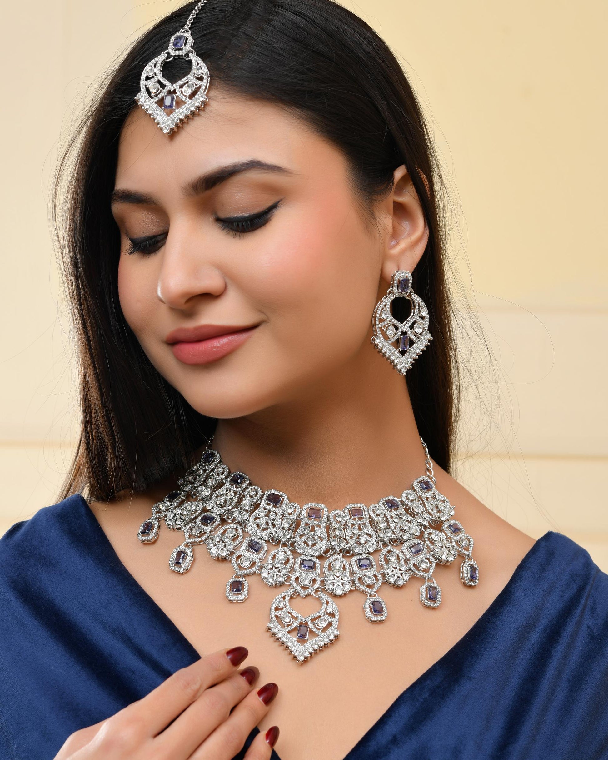 VOJ Silver-Plated American Diamond-Studded Jewellery Set - Distacart