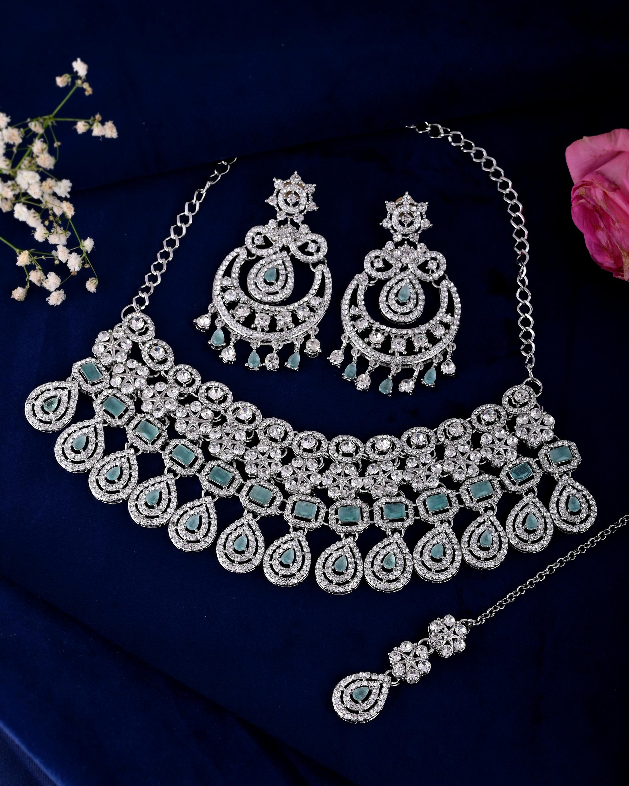 VOJ Silver-Plated American Diamond Studded Jewellery Set - Distacart