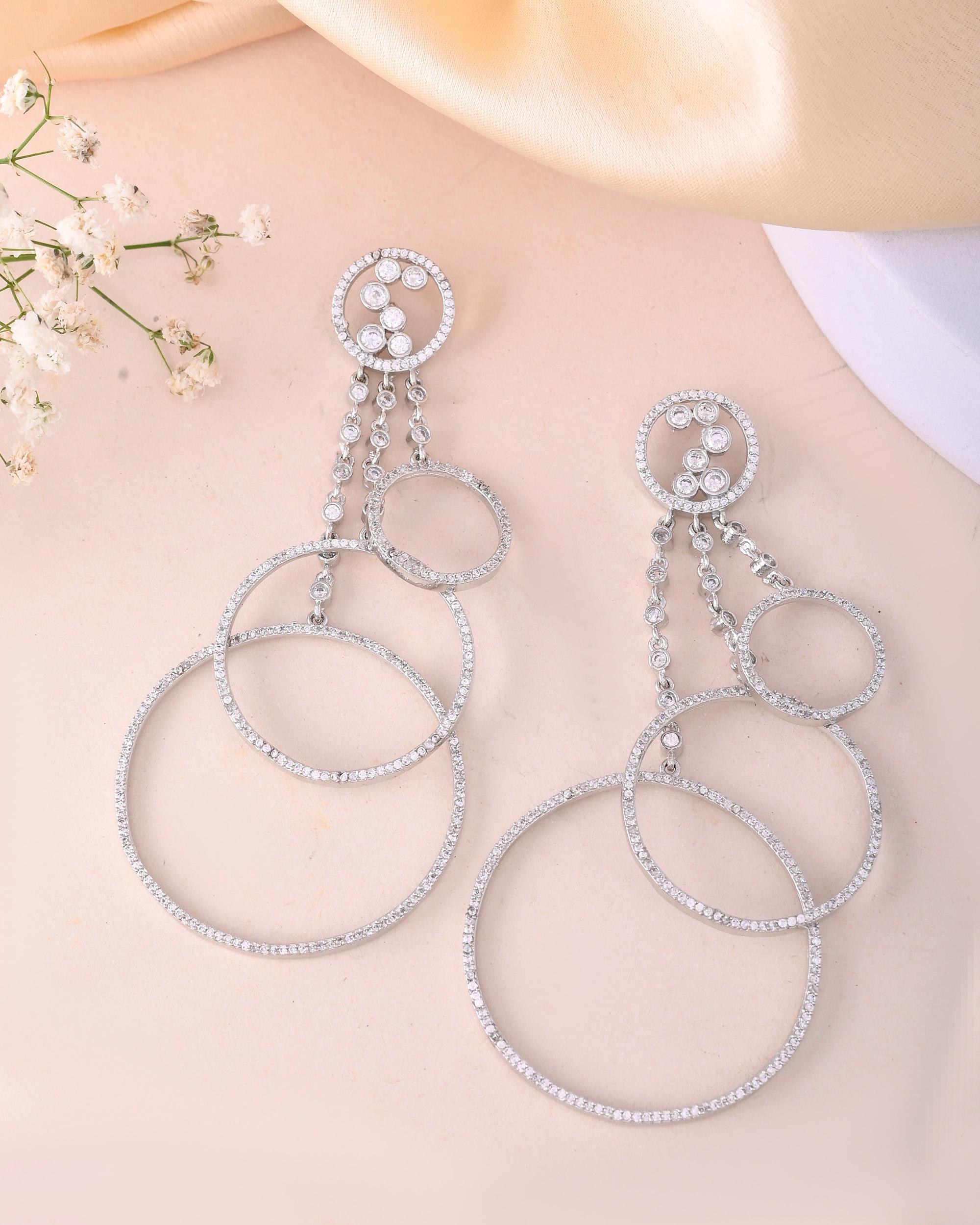 VOJ Silver Plated Ad Stone Studded Crescent Shaped Long Drop Earrings - Distacart