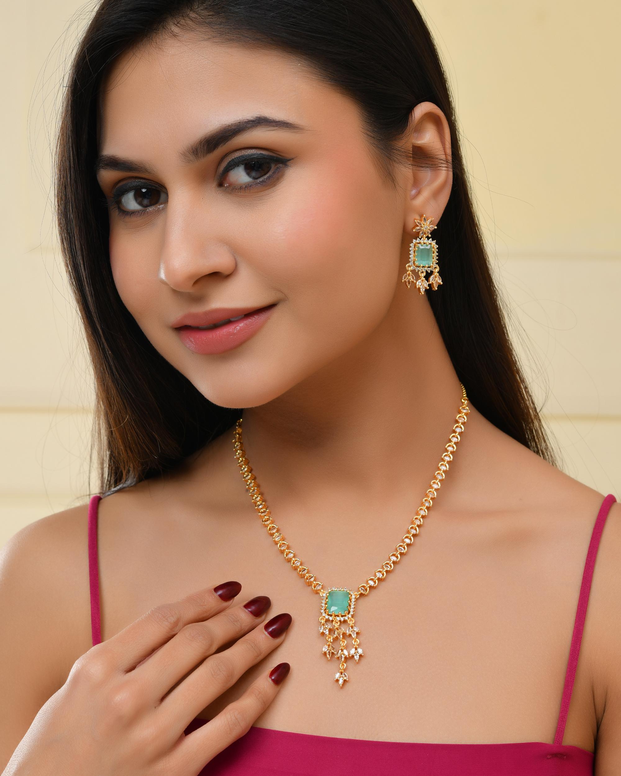 VOJ Gold-Polished Ad-Studded Sea Green Stone Jewellery Set - Distacart