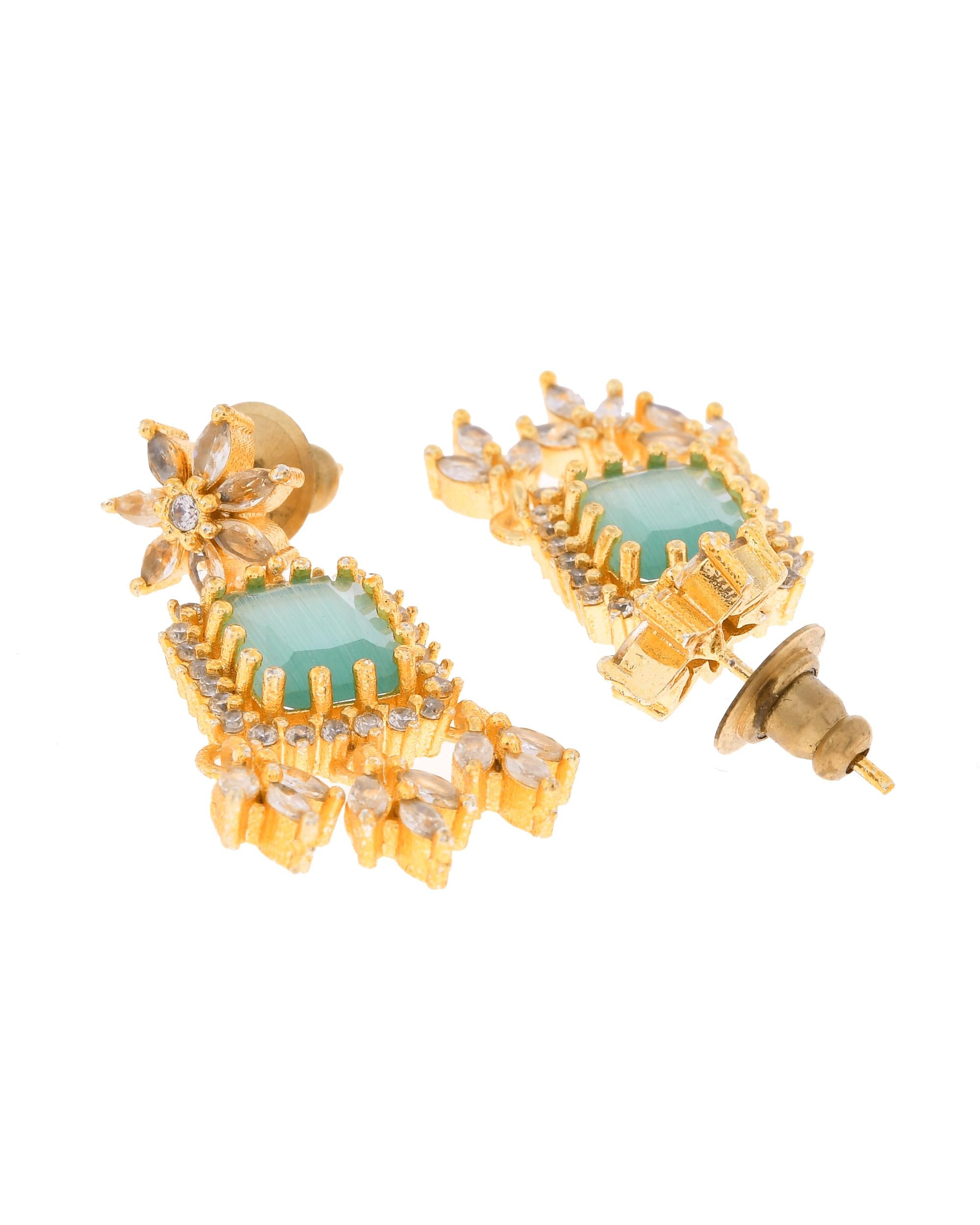 VOJ Gold-Polished Ad-Studded Sea Green Stone Jewellery Set - Distacart