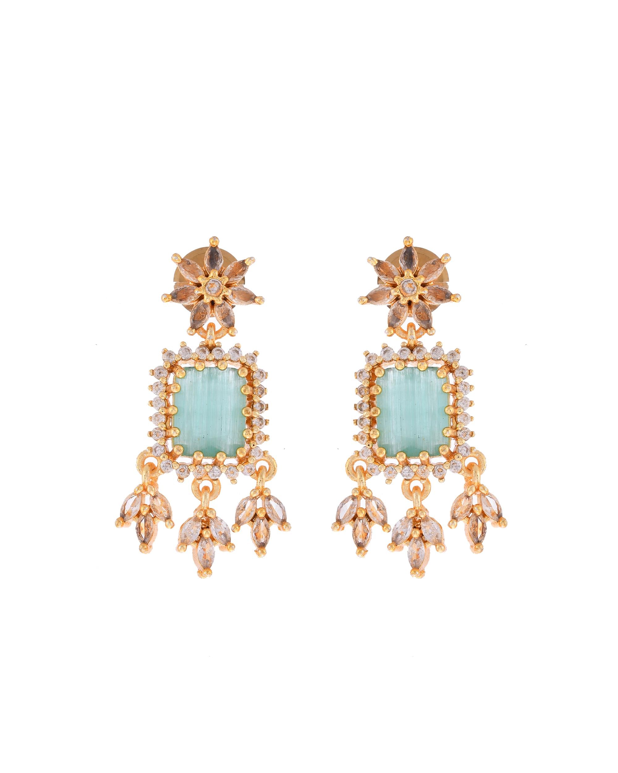 VOJ Gold-Polished Ad-Studded Sea Green Stone Jewellery Set - Distacart