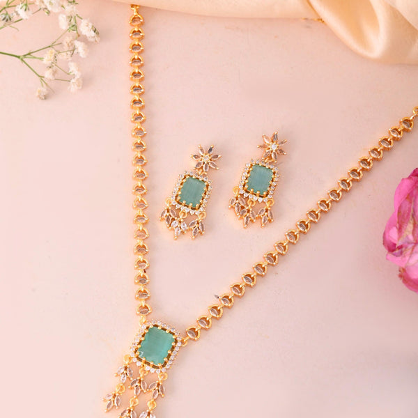 VOJ Gold-Polished Ad-Studded Sea Green Stone Jewellery Set - Distacart