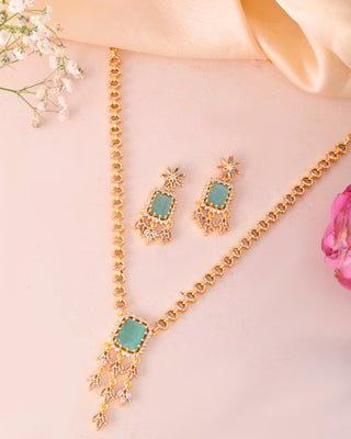 VOJ Gold-Polished Ad-Studded Sea Green Stone Jewellery Set - Distacart