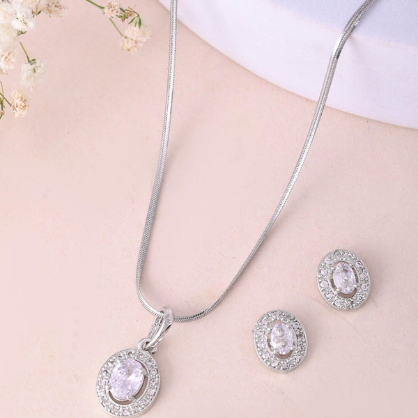 VOJ Silver Plated Ad-Studded Pendant With Chain And Earrings Set - Distacart