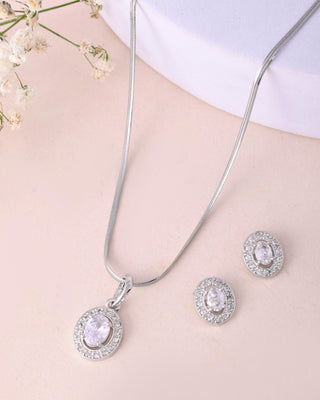 VOJ Silver Plated Ad-Studded Pendant With Chain And Earrings Set - Distacart