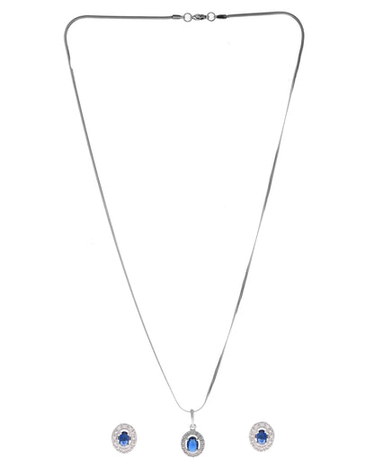 VOJ Silver Plated Blue Ad-Studded Pendant With Chain And Earrings Set - Distacart