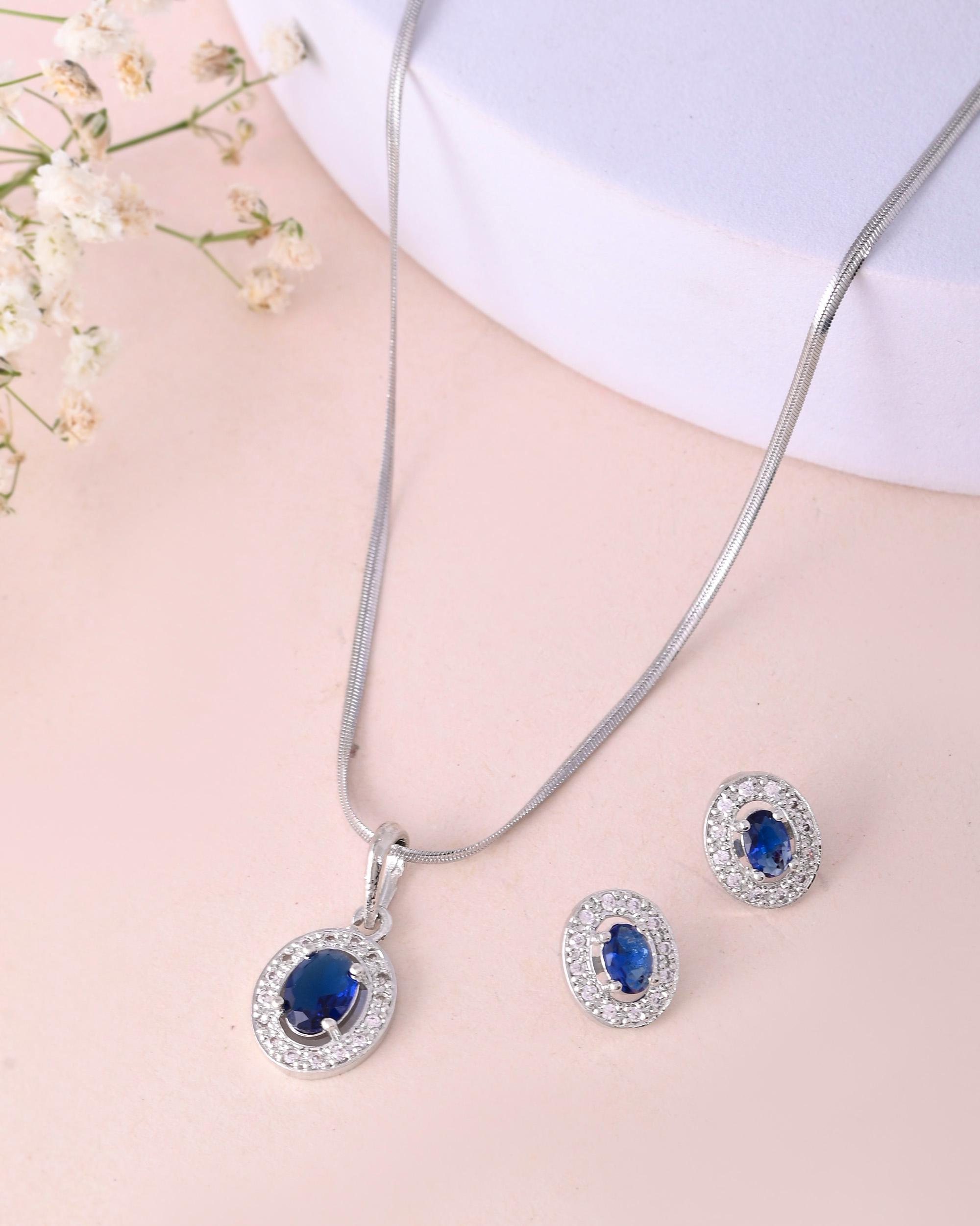 VOJ Silver Plated Blue Ad-Studded Pendant With Chain And Earrings Set - Distacart