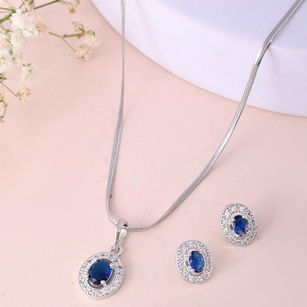 VOJ Silver Plated Blue Ad-Studded Pendant With Chain And Earrings Set - Distacart