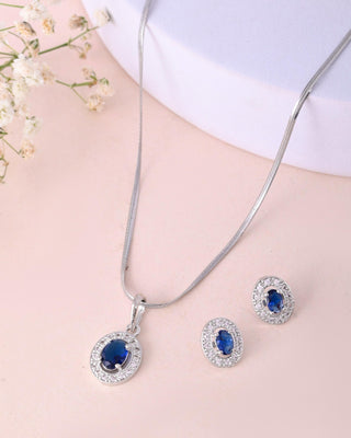 VOJ Silver Plated Blue Ad-Studded Pendant With Chain And Earrings Set - Distacart