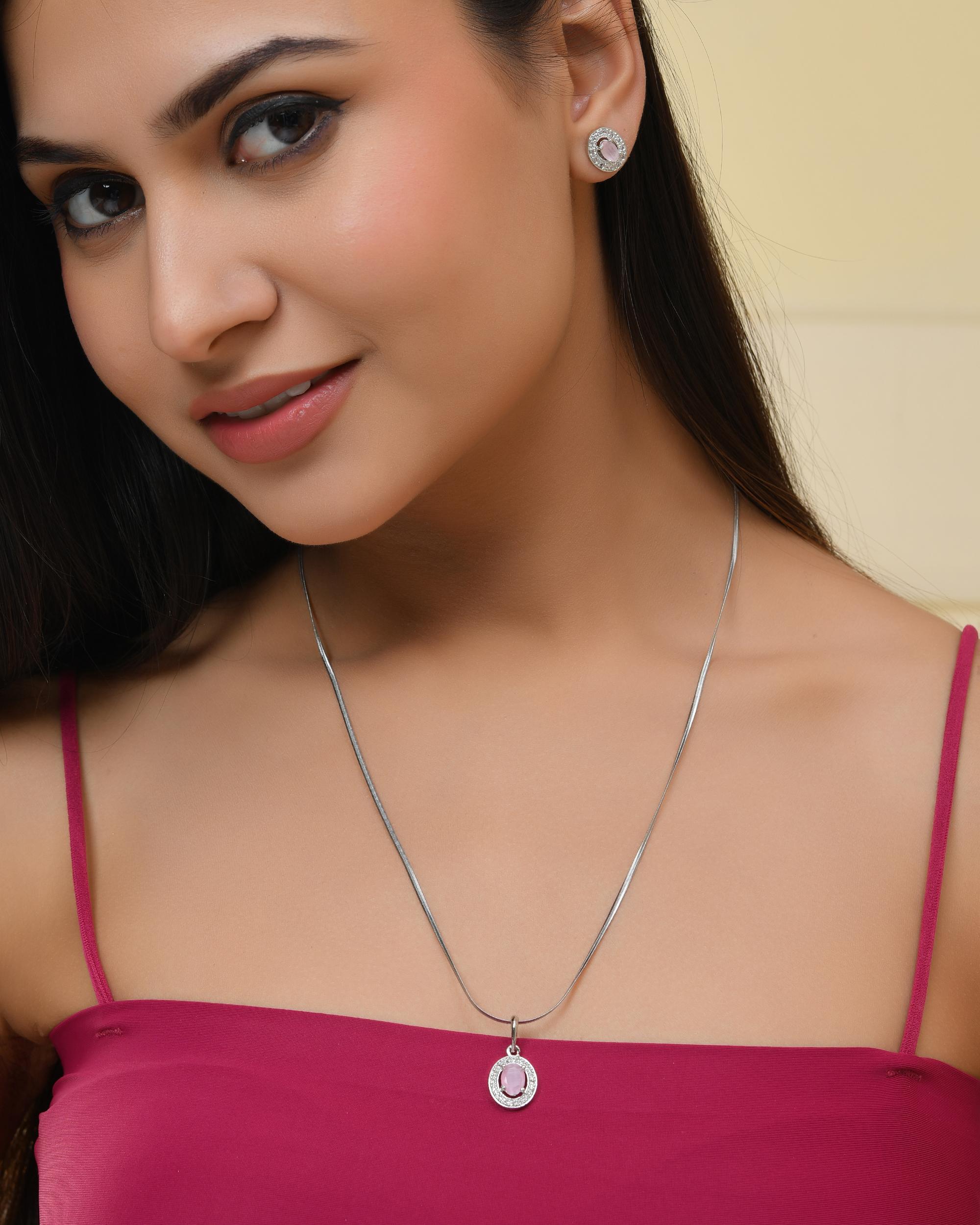 VOJ Silver Plated Pink Ad-Studded Pendant With Chain And Earrings Set - Distacart