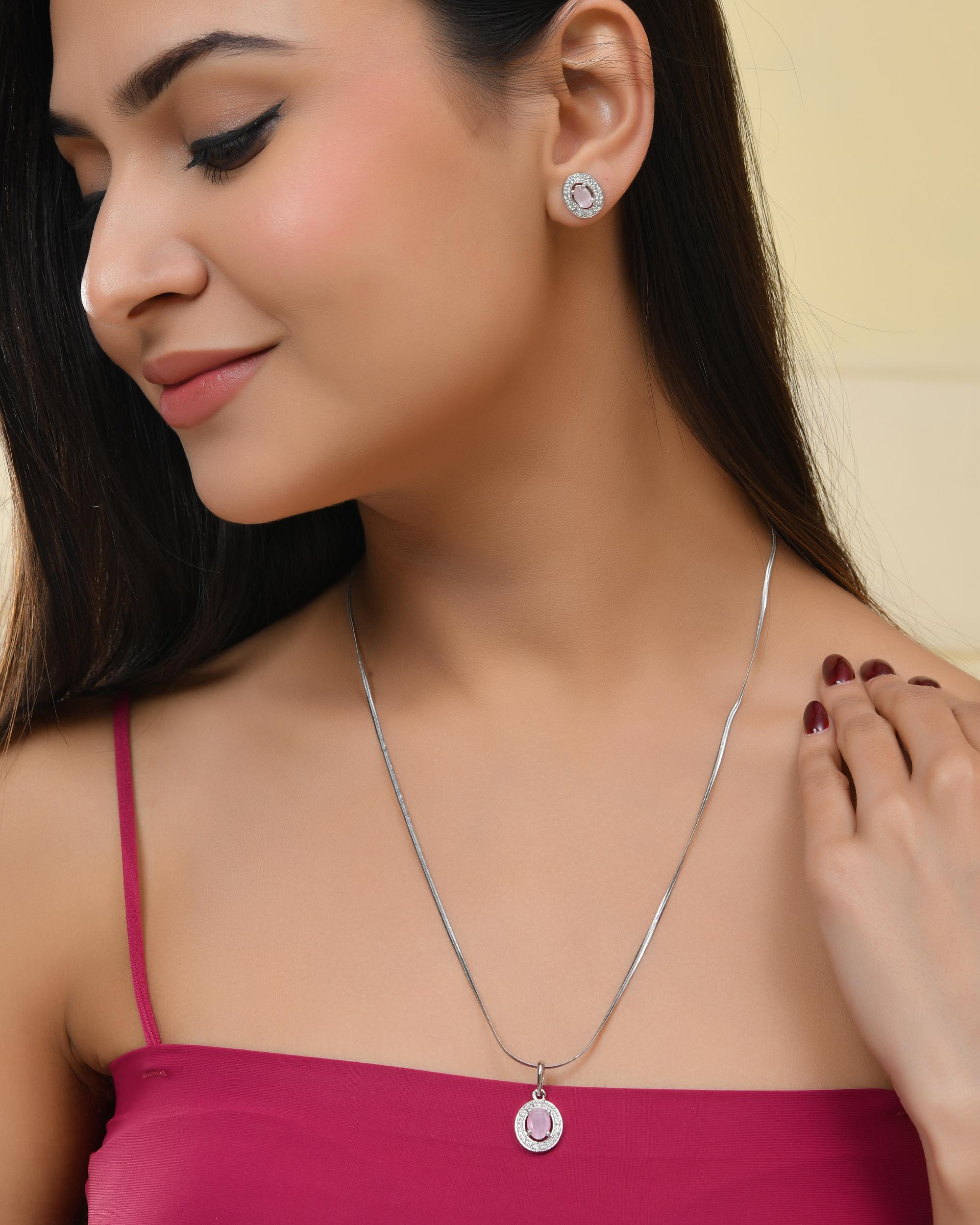 VOJ Silver Plated Pink Ad-Studded Pendant With Chain And Earrings Set