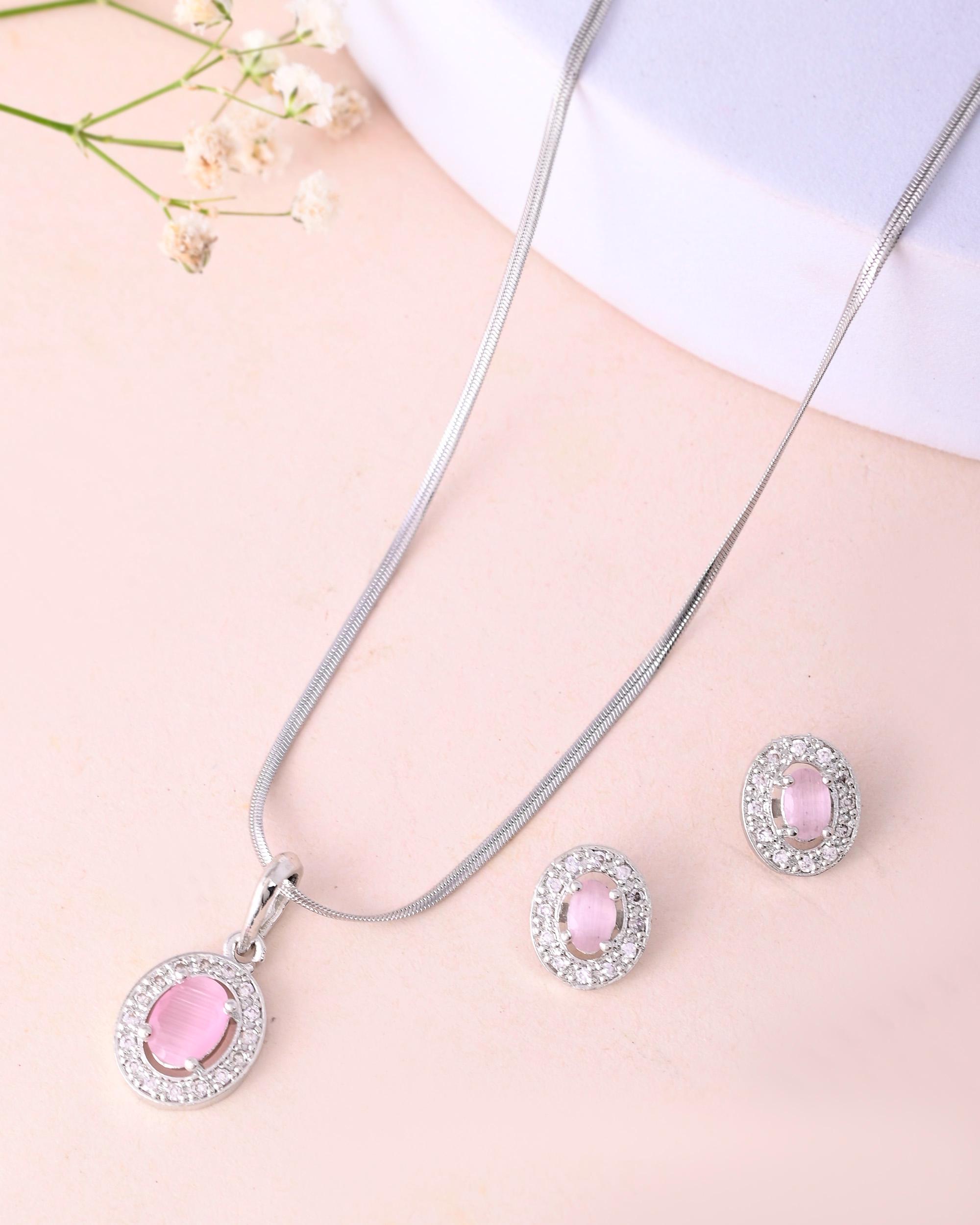 VOJ Silver Plated Pink Ad-Studded Pendant With Chain And Earrings Set - Distacart