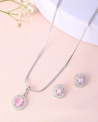 VOJ Silver Plated Pink Ad-Studded Pendant With Chain And Earrings Set - Distacart