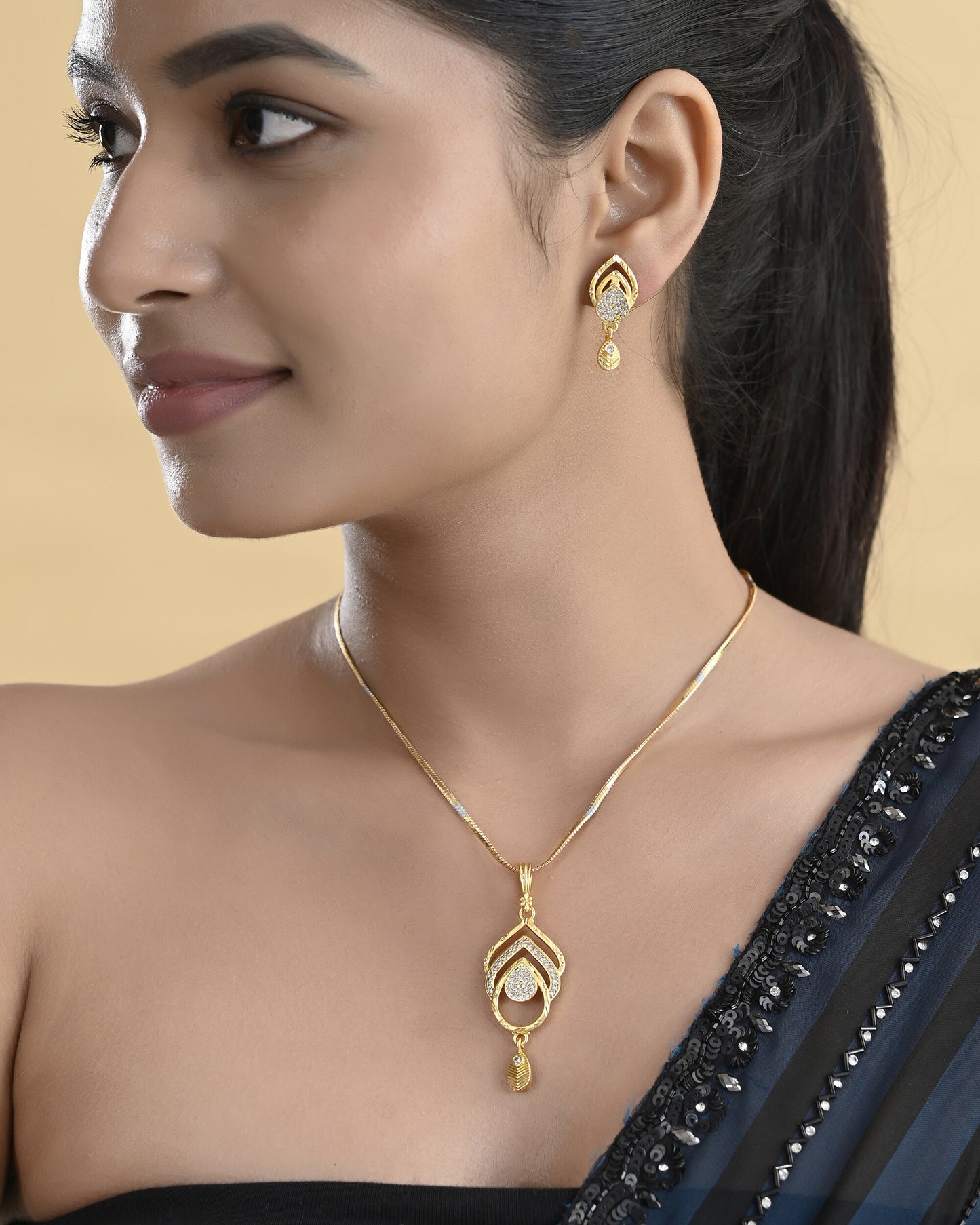 VOJ Gold-Polished AD Stone Studded Designer Chain Set - Distacart