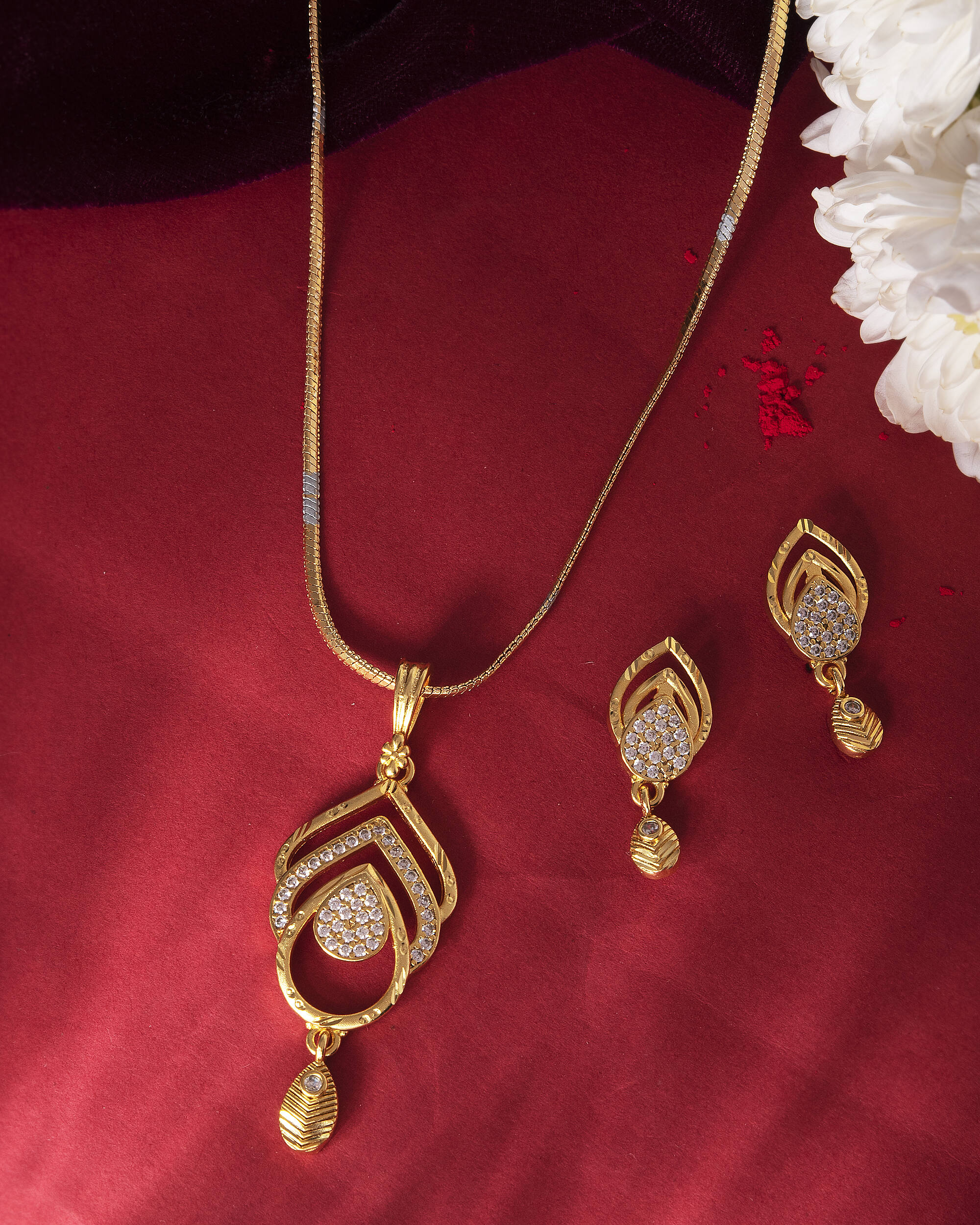 VOJ Gold-Polished AD Stone Studded Designer Chain Set - Distacart