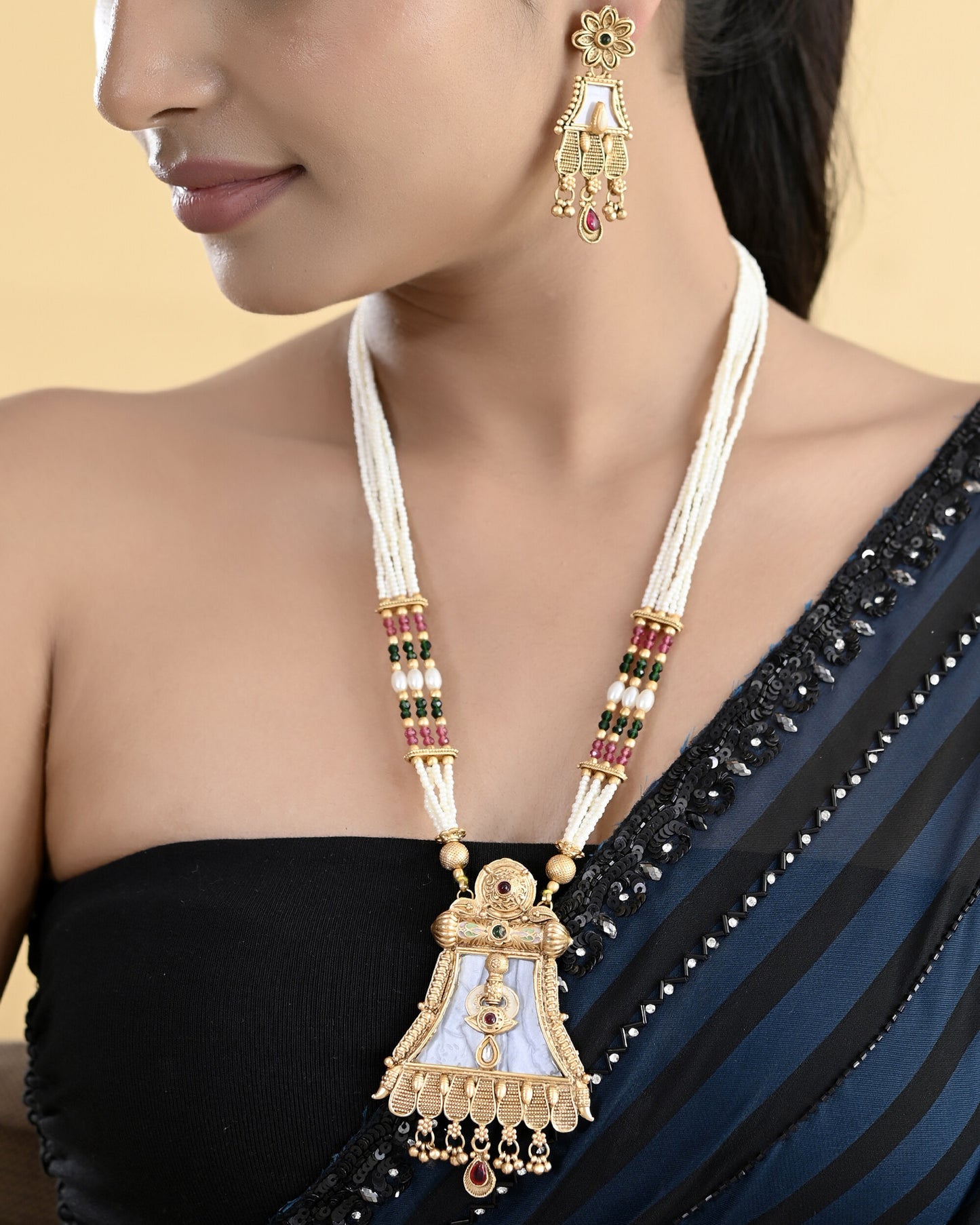 VOJ Gold-Polished Moon Stone Studded long Necklace With Earrings Set - Distacart