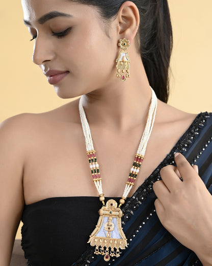 VOJ Gold-Polished Moon Stone Studded long Necklace With Earrings Set - Distacart