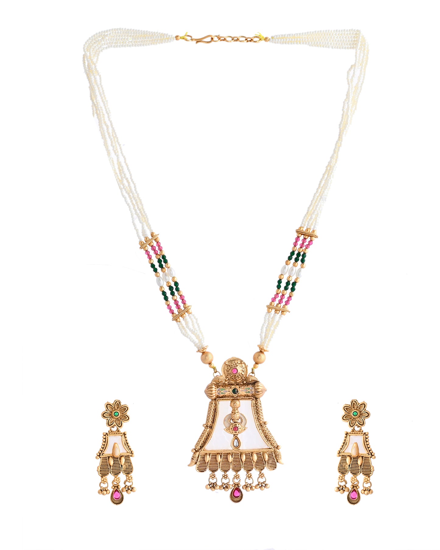 VOJ Gold-Polished Moon Stone Studded long Necklace With Earrings Set - Distacart