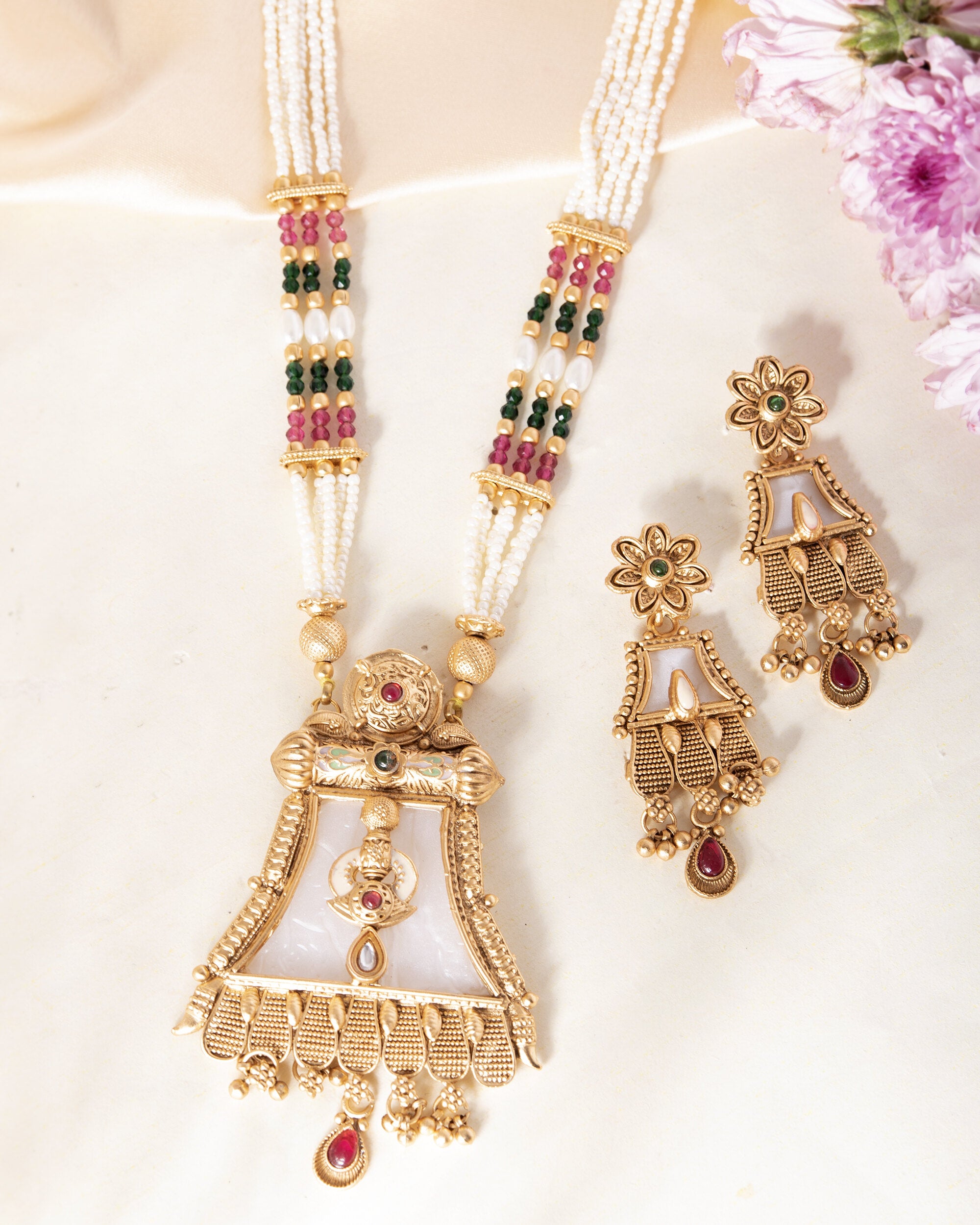 VOJ Gold-Polished Moon Stone Studded long Necklace With Earrings Set - Distacart