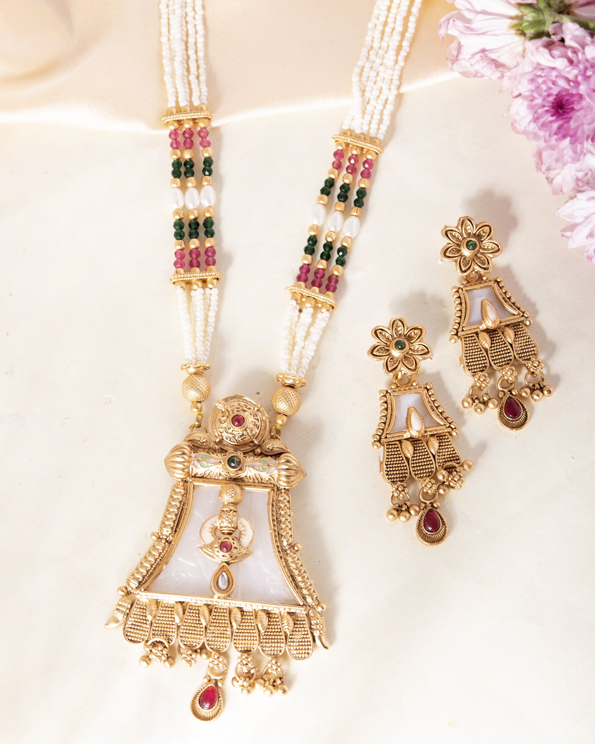 VOJ Gold-Polished Moon Stone Studded long Necklace With Earrings Set - Distacart