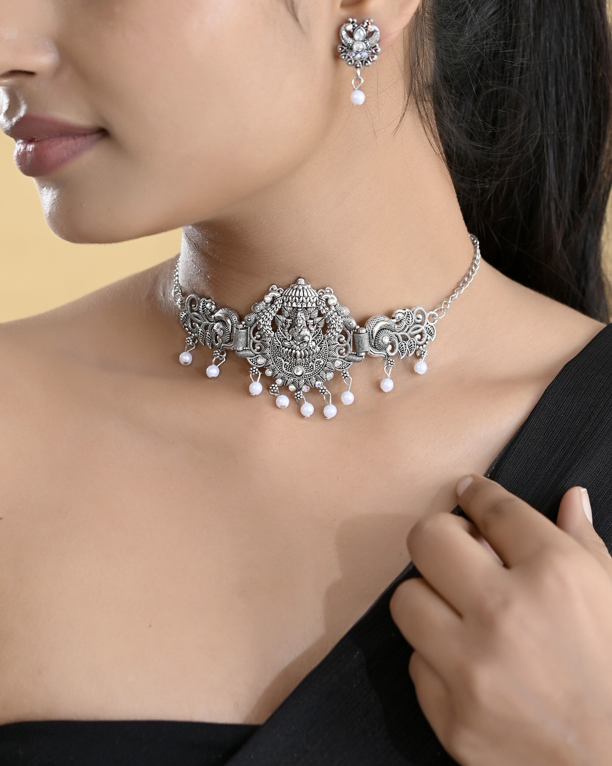 VOJ Silver Plated Oxidized Temple Jewellery Set - Distacart