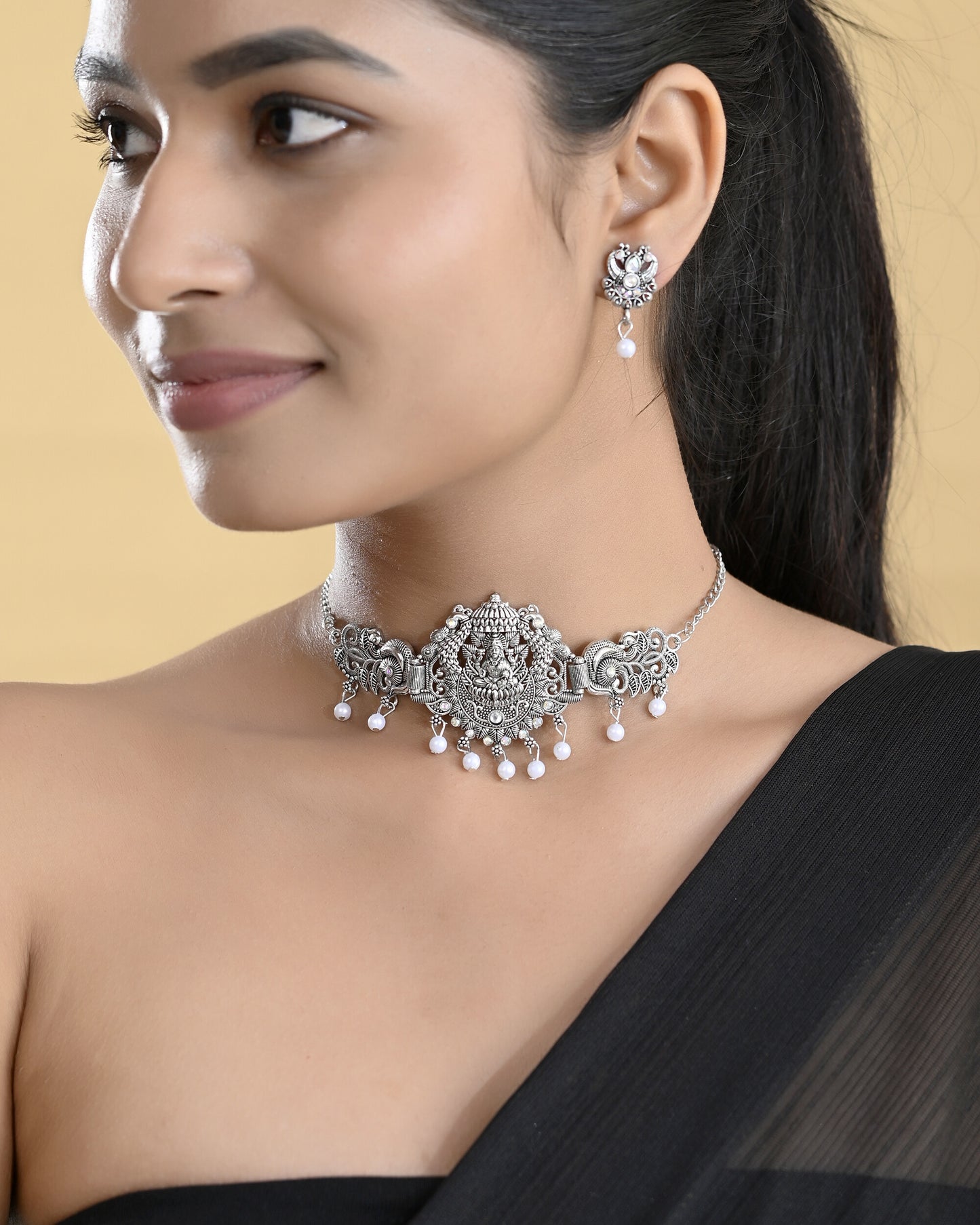 VOJ Silver Plated Oxidized Temple Jewellery Set - Distacart