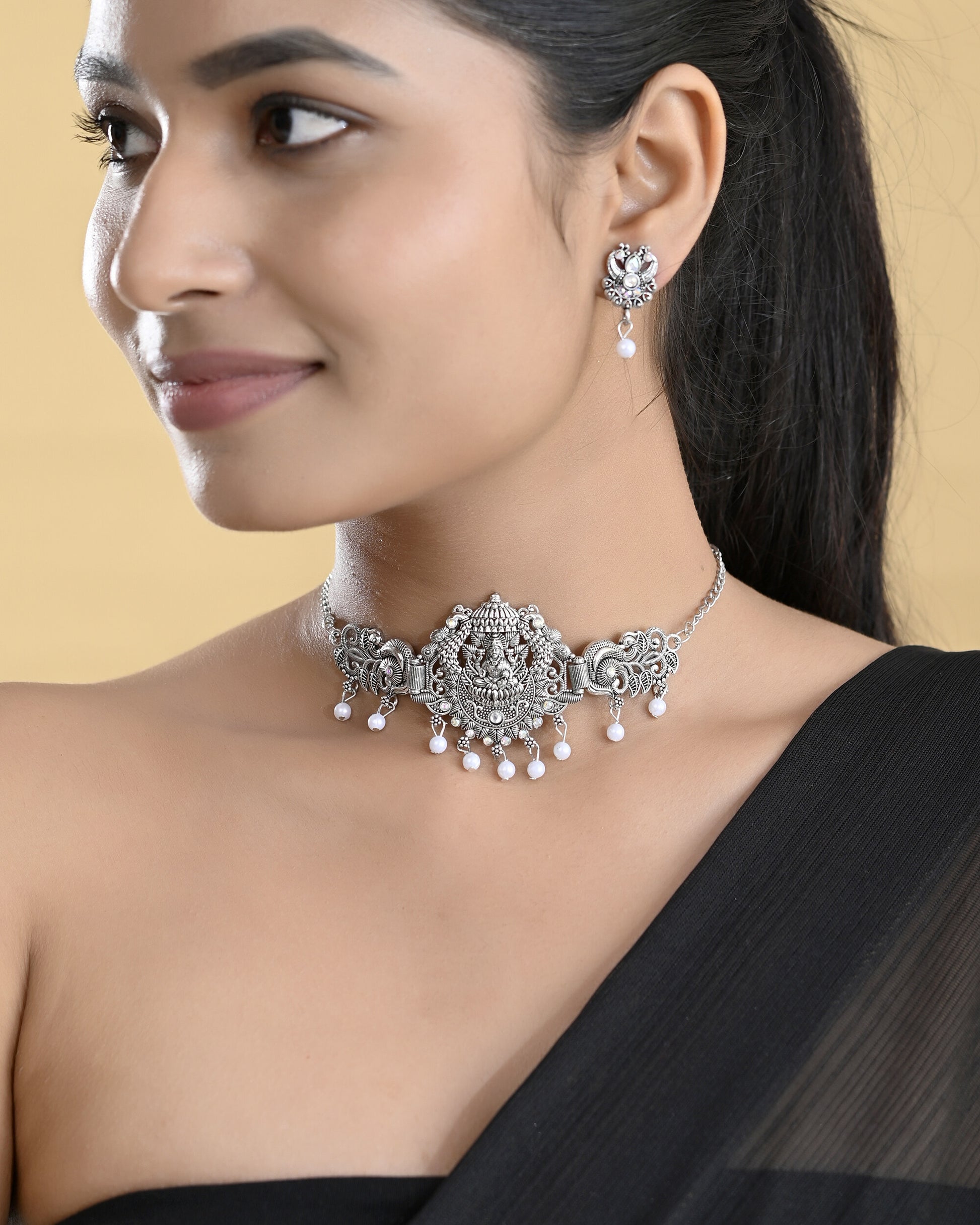 VOJ Silver Plated Oxidized Temple Jewellery Set - Distacart
