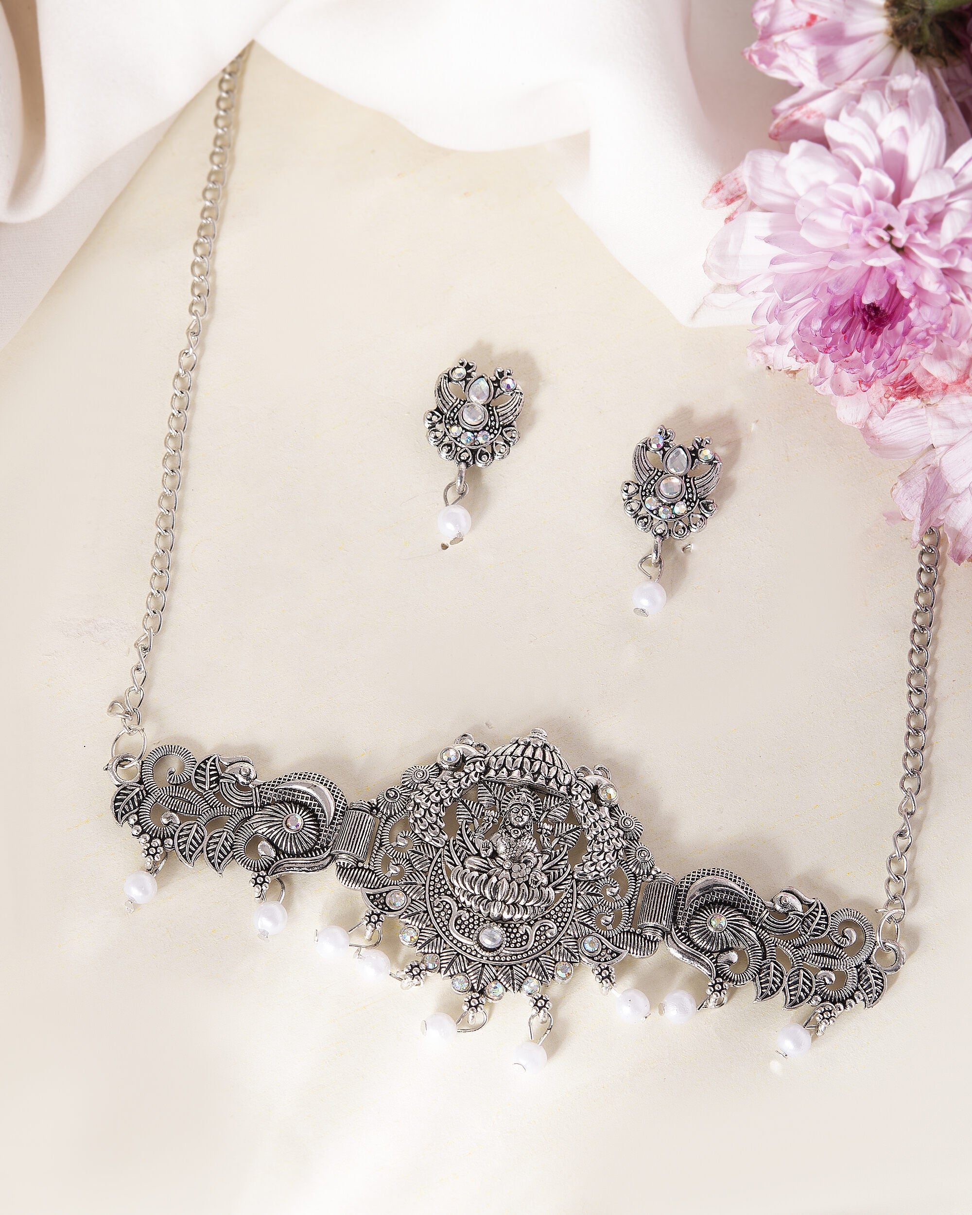 VOJ Silver Plated Oxidized Temple Jewellery Set - Distacart