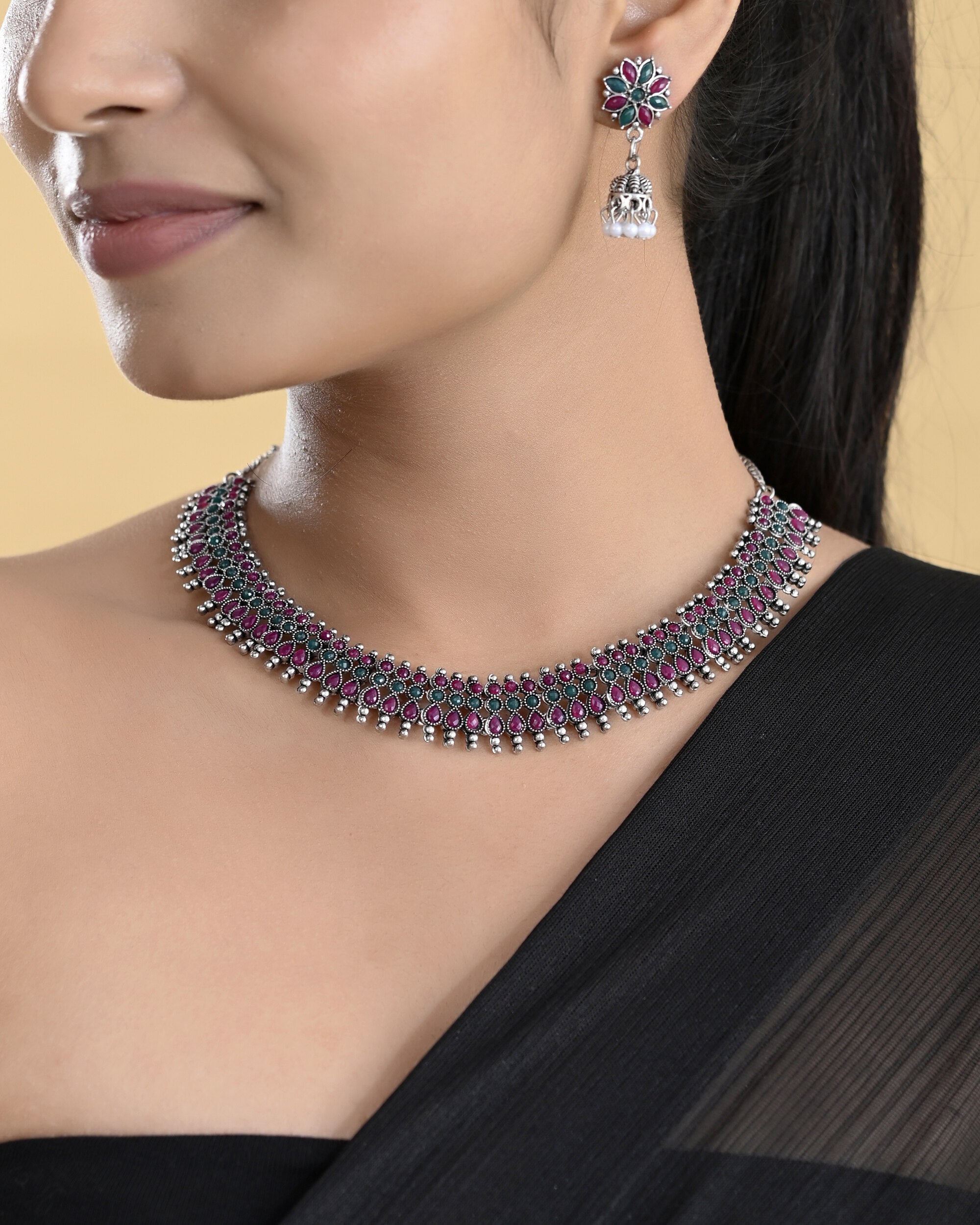 VOJ Silver Plated Oxidized Multi Color Stone Choker With Earrings Set - Distacart