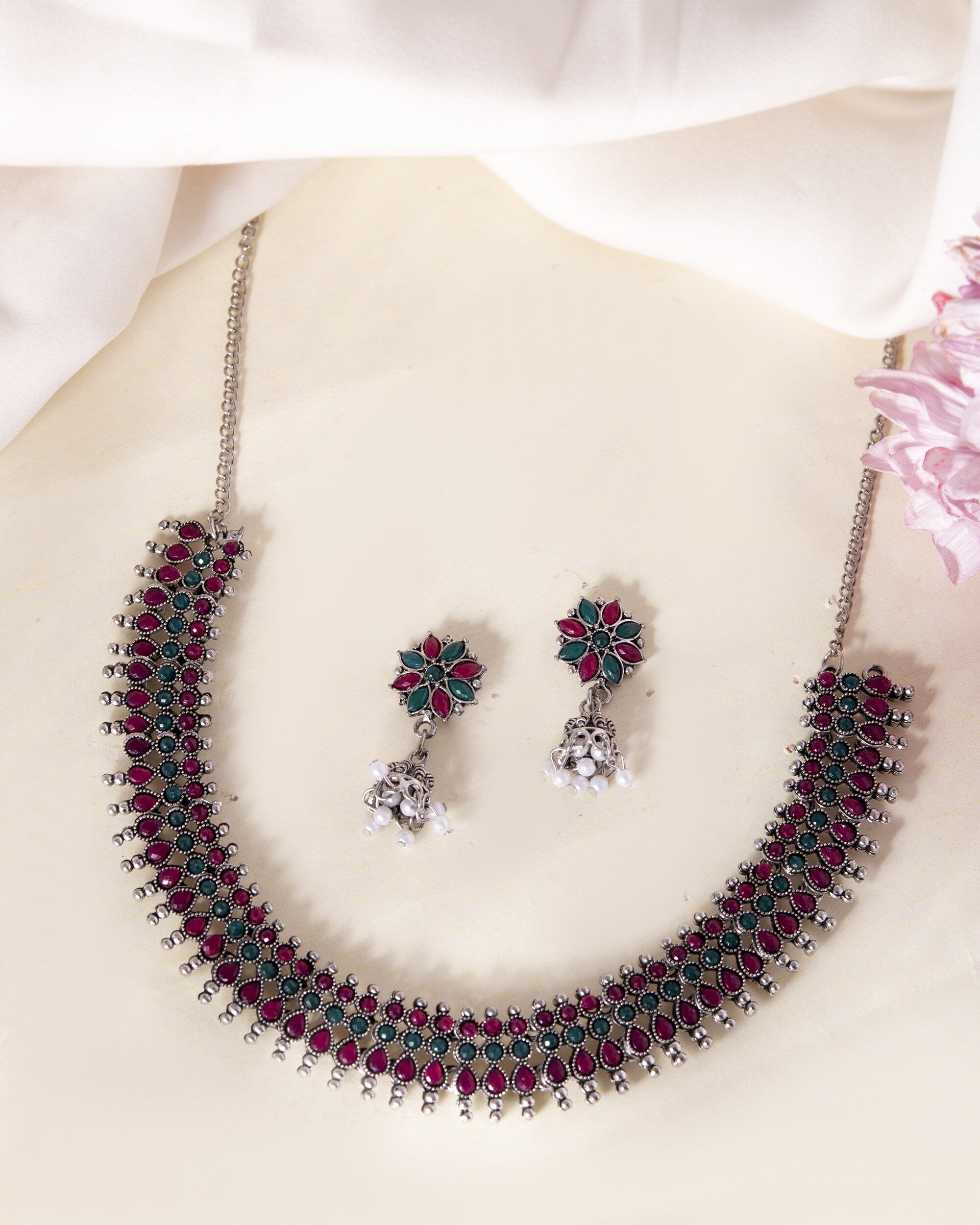 VOJ Silver Plated Oxidized Multi Color Stone Choker With Earrings Set - Distacart